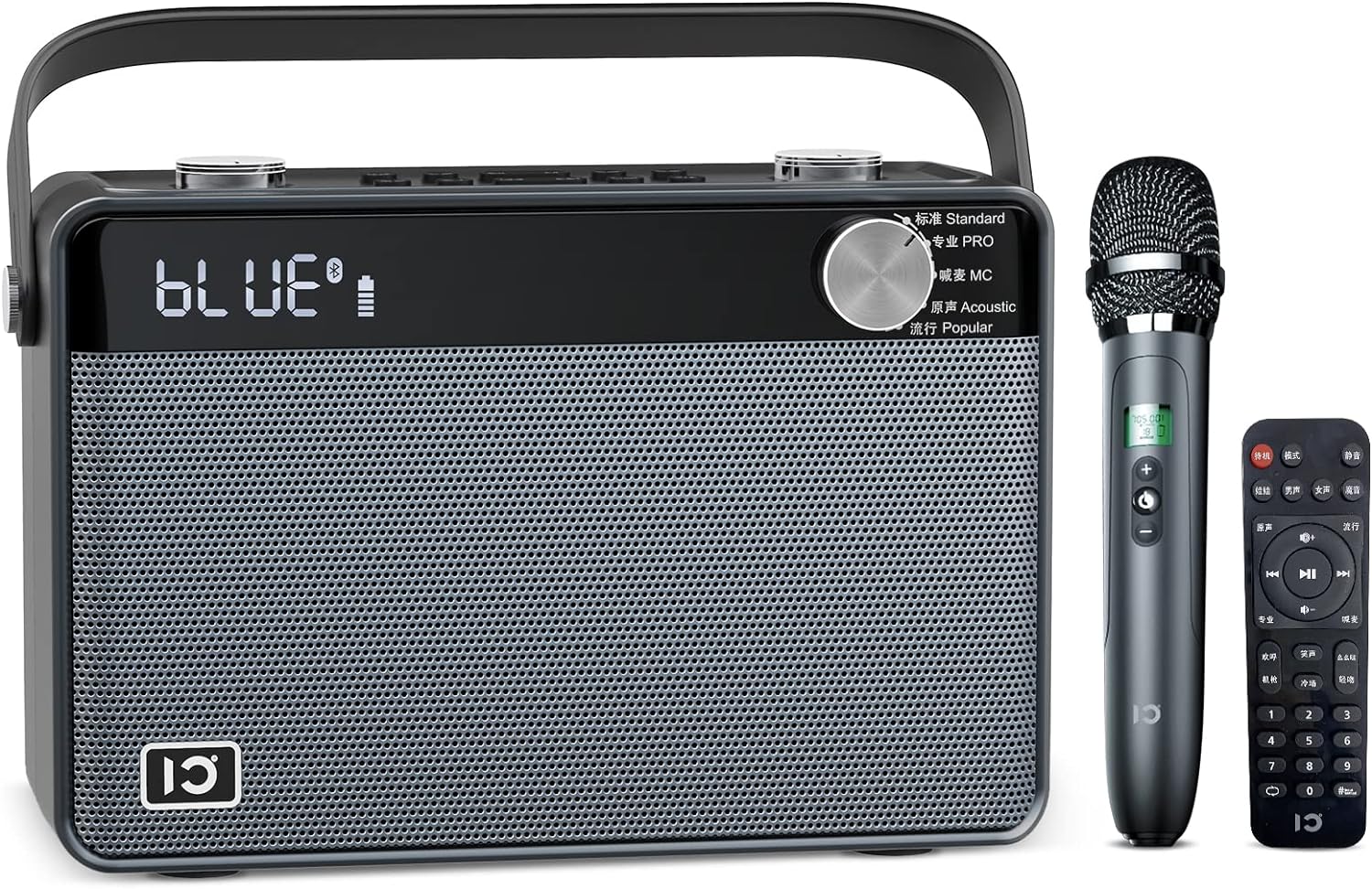 This is a portable speaker with full karaoke features. The speaker measures 9.25x4x6.5 and weighs 5.25 lbs. It is powered by an internal rechargeable battery. A dial on the front allows you to choose from 5 equalizer presets: standard, pro, MC, acoustic, and popular. Dials on the top allow you to control the mic and speaker volumes separately. Buttons on the top give you track and play/pause controls, as well as 4 voice presets (baby, lady, man, aged), 3 sound effects (cheer, clap, whistle), 