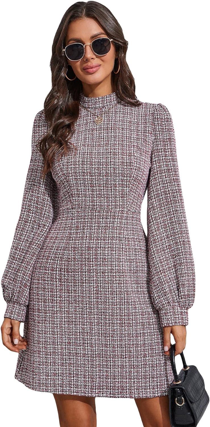 WDIRARA Women' Plaid Tweed Mock Neck Lantern Long Sleeve Dress Casual A Line Dresses