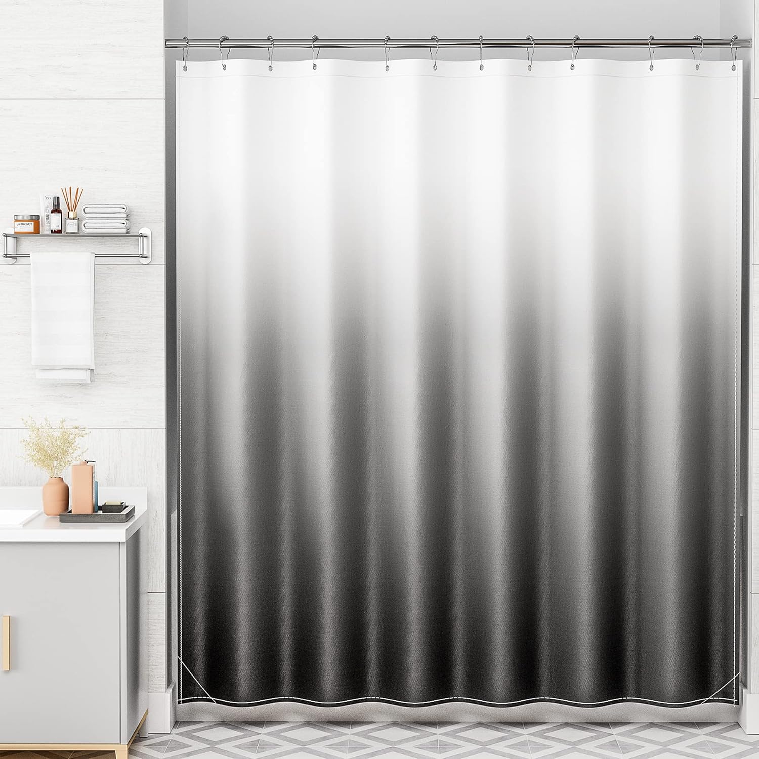 AmazerBath Shower Curtain, Cloth Ombre Black Shower Curtain Sets with 12 Shower Curtain Hooks, Washable Fabric Black and White Shower Curtain, Rustic Farmhouse Bathroom Shower Curtain, 72x72 Inches