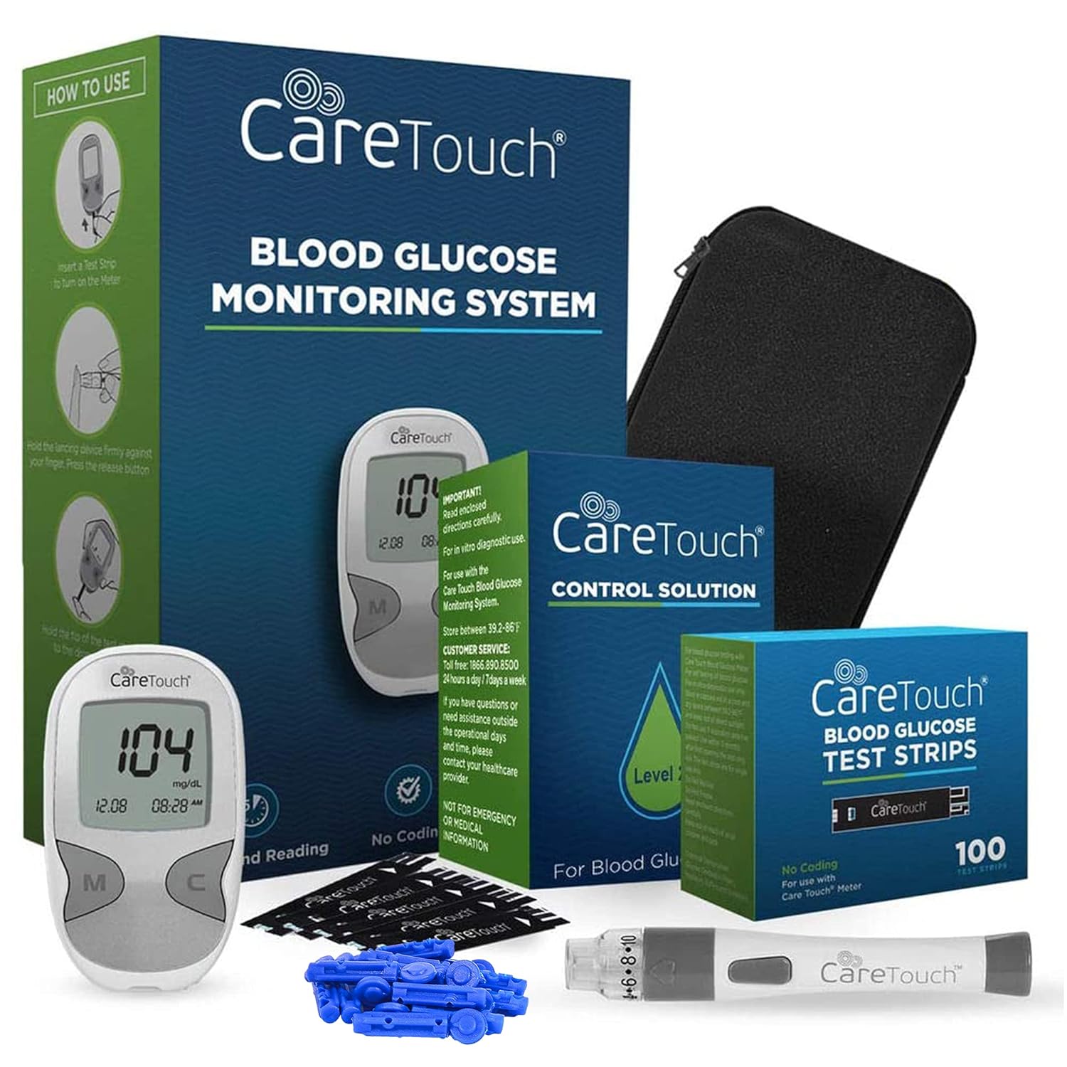 Care Touch Diabetes Testing Kit - Blood Glucose Monitor, 100 Blood Glucose Test Strips, 100 30-Gauge Lancets, Lancing Device, Battery, and Control Solution - for Blood Sugar Testing and Monitoring