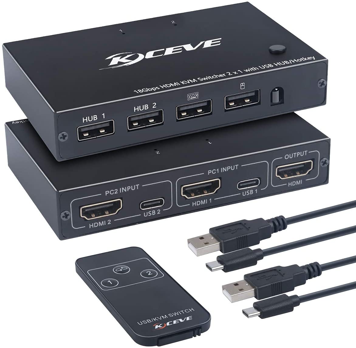 HDMI KVM Switch, 2 Port USB and HDMI 4K@60Hz Switch Adapter Box for 2 Computers Share Keyboard Mouse and one HD Monitor, with HDMI Cables and USB Cables