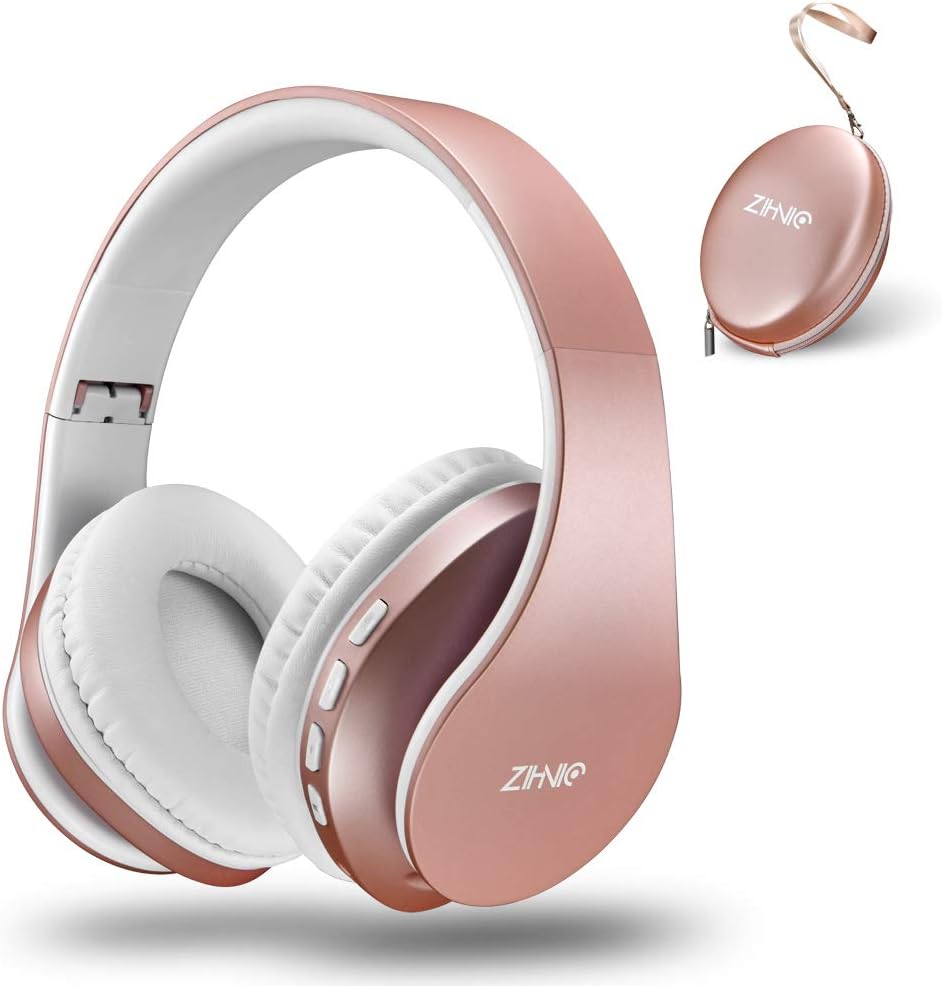 ZIHNIC Bluetooth Headphones Over-Ear, Foldable Wireless and Wired Stereo Headset Micro SD/TF, FM for Cell Phone,PC,Soft Earmuffs &amp;Light Weight for Prolonged Wearing(Rose Gold)