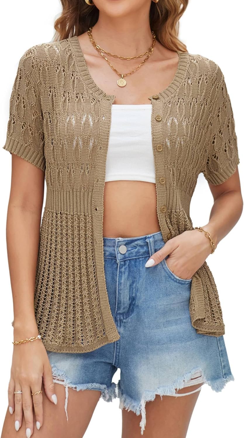 GRACE KARIN 2024 Women' Lightweight Short Sleeve Crochet Open Front Shrug Cardigan Sweaters