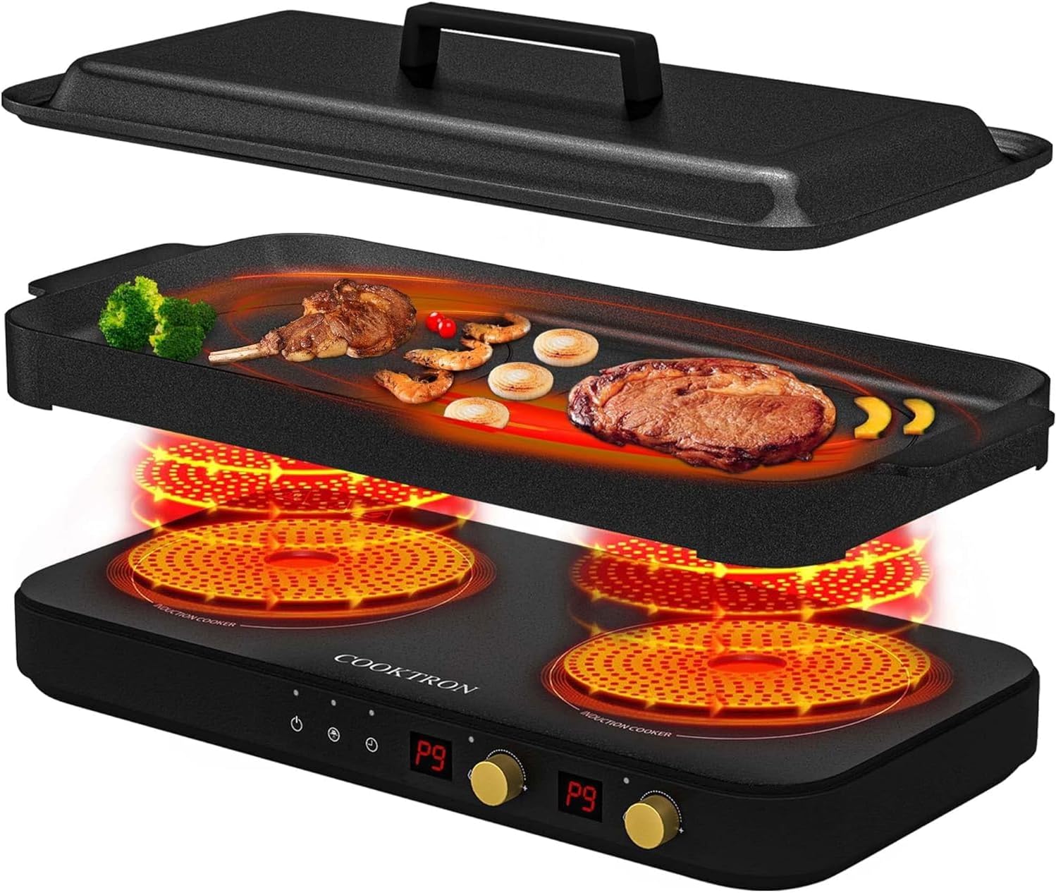 Portable Induction Cooktop 2 Burner with Removable Iron Cast Griddle Pan Non-stick, 1800W Double Induction Cooktop with Child Safety Lock & Time, Great for Family Party