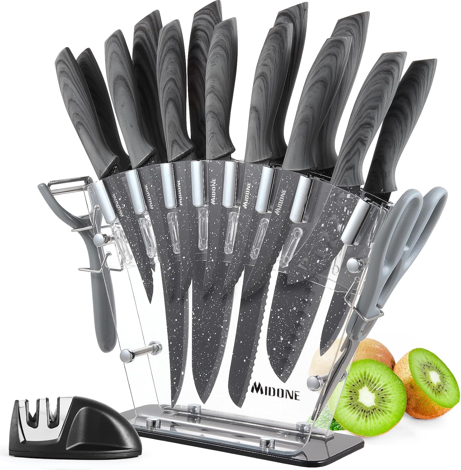 MIDONE Kitchen Knife Set with Acrylic Block, 17 PCS German Stainless Steel, includes Multiple Variety of Knives, Scissor, Sharpener, All in One Knife Set, Nonstick and No Scratch, Gray