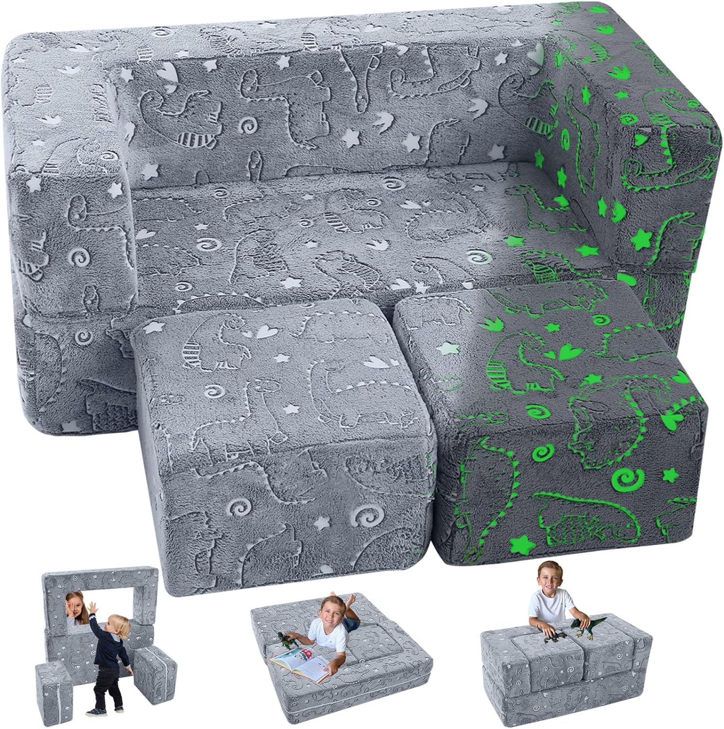 MeMoreCool Kids Sofa Couch, Glow in The Dark Baby Modular Dinosaur Couch, Convertible Toddler Fold Out Play Couch Furniture for Small Playroom, Grey