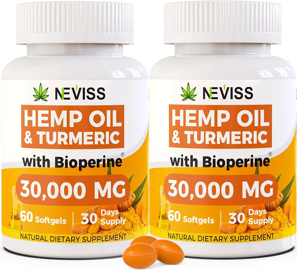 2 Pack Hmp Oil Capsules with Turmeric - Organic Hmp Seed Oil Pills with Turmeric Curcumin, Black Pepper - Vegan Omega 3 & 6 Supplement - Extra Strength & Absorption - 120 Softgels