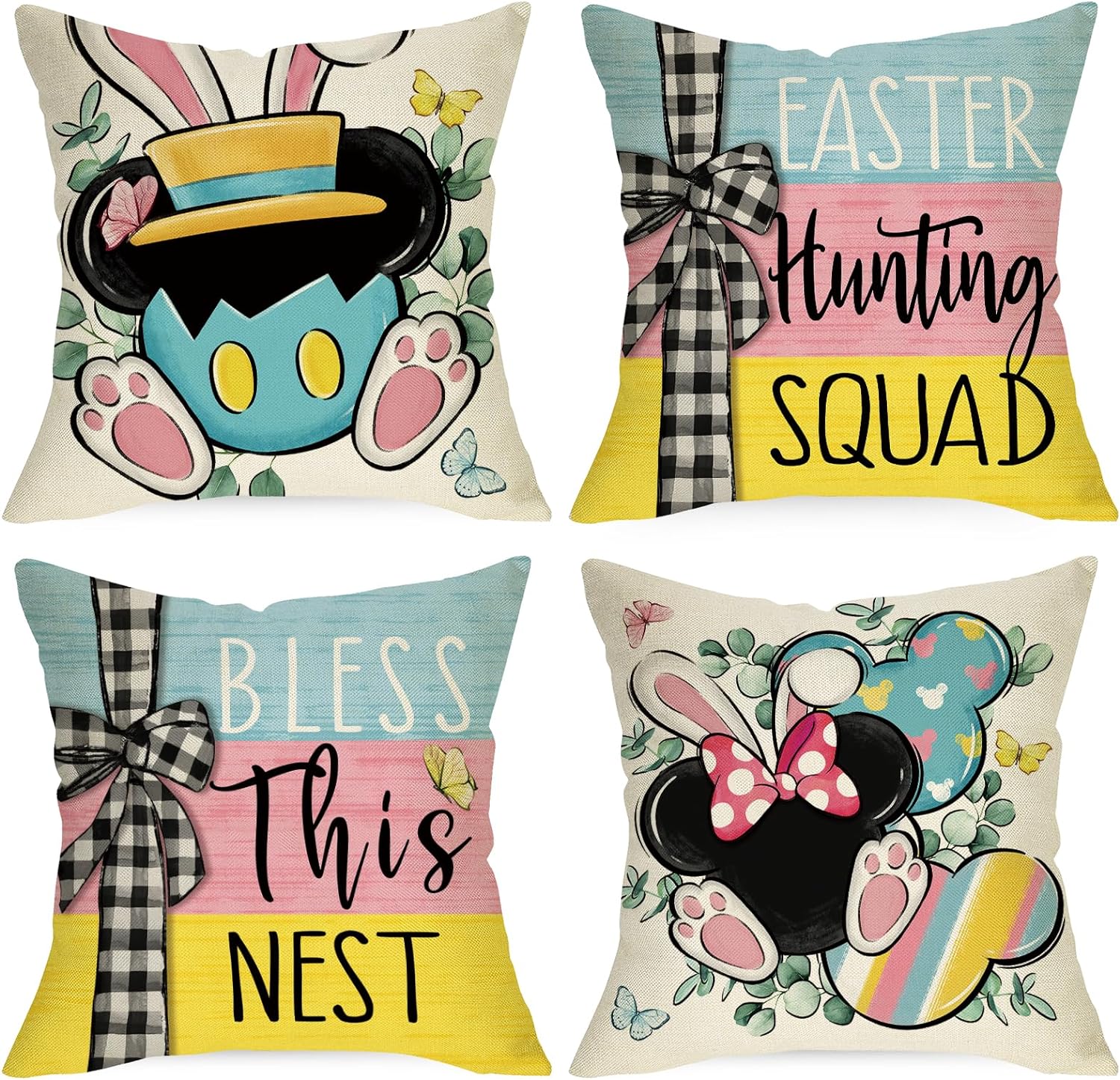 Easter Hunting Squad Decorative Throw Pillow Covers 18 x 18 Set of 4, Bless This Nest Cartoon Mouse Bunny Ears Cushion Case Decor, Rabbit Eucalyptus Leaves Stripes Home Decoration for Sofa Couch