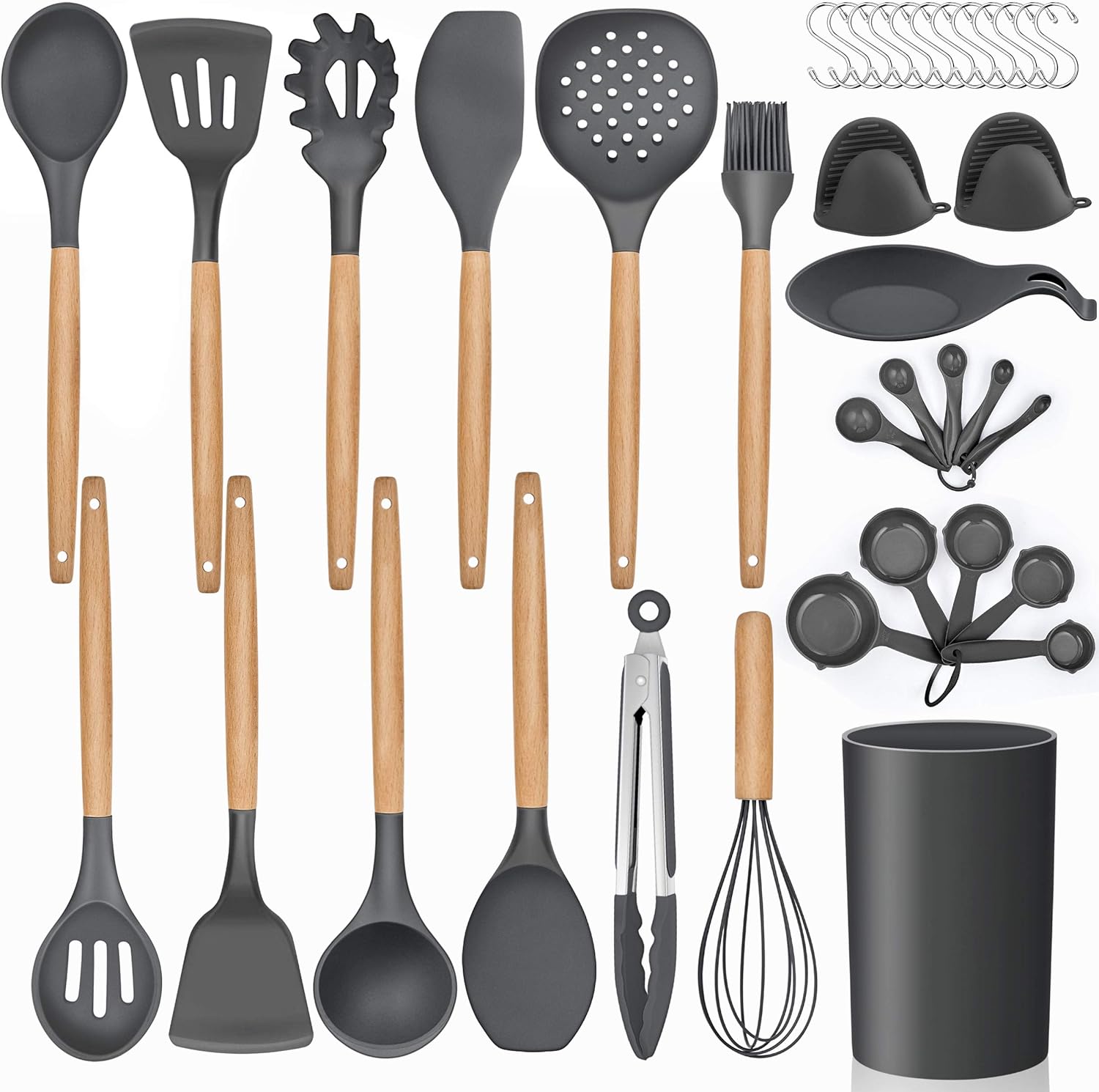 LIANYU 38 Pcs Kitchen Cooking Utensils Set with Holder, Heat Resistant Silicone Kitchen Utensil Spatula Set, Kitchen Gadgets Tools Set for nonstick Cookware Set, Wooden Handle, Grey