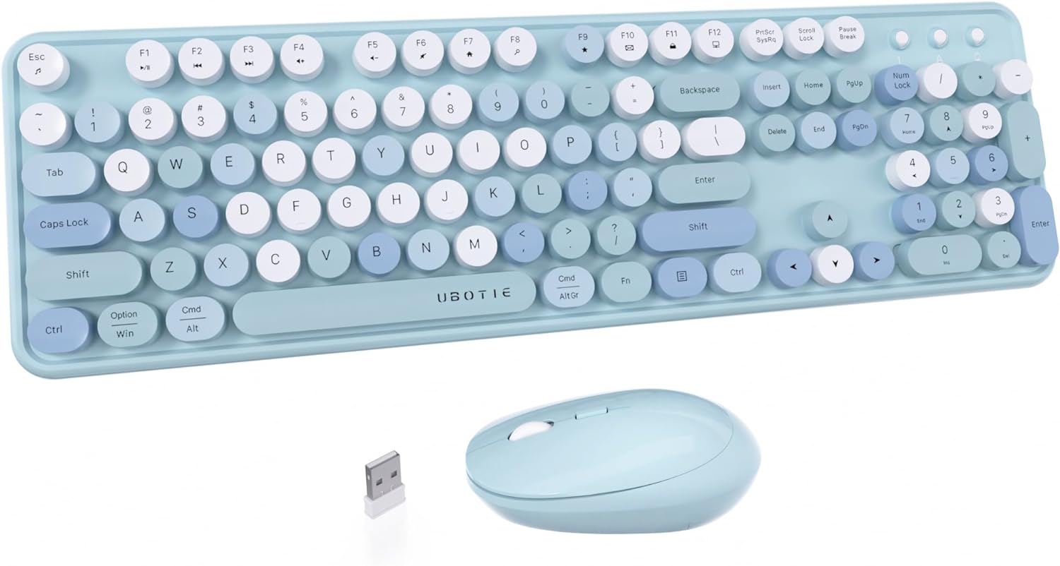 UBOTIE Colorful Computer Wireless Keyboard Mouse Combos, Typewriter Flexible Keys Office Full-Sized Keyboard, 2.4GHz Dropout-Free Connection and Optical Mouse (Blue-Colorful)