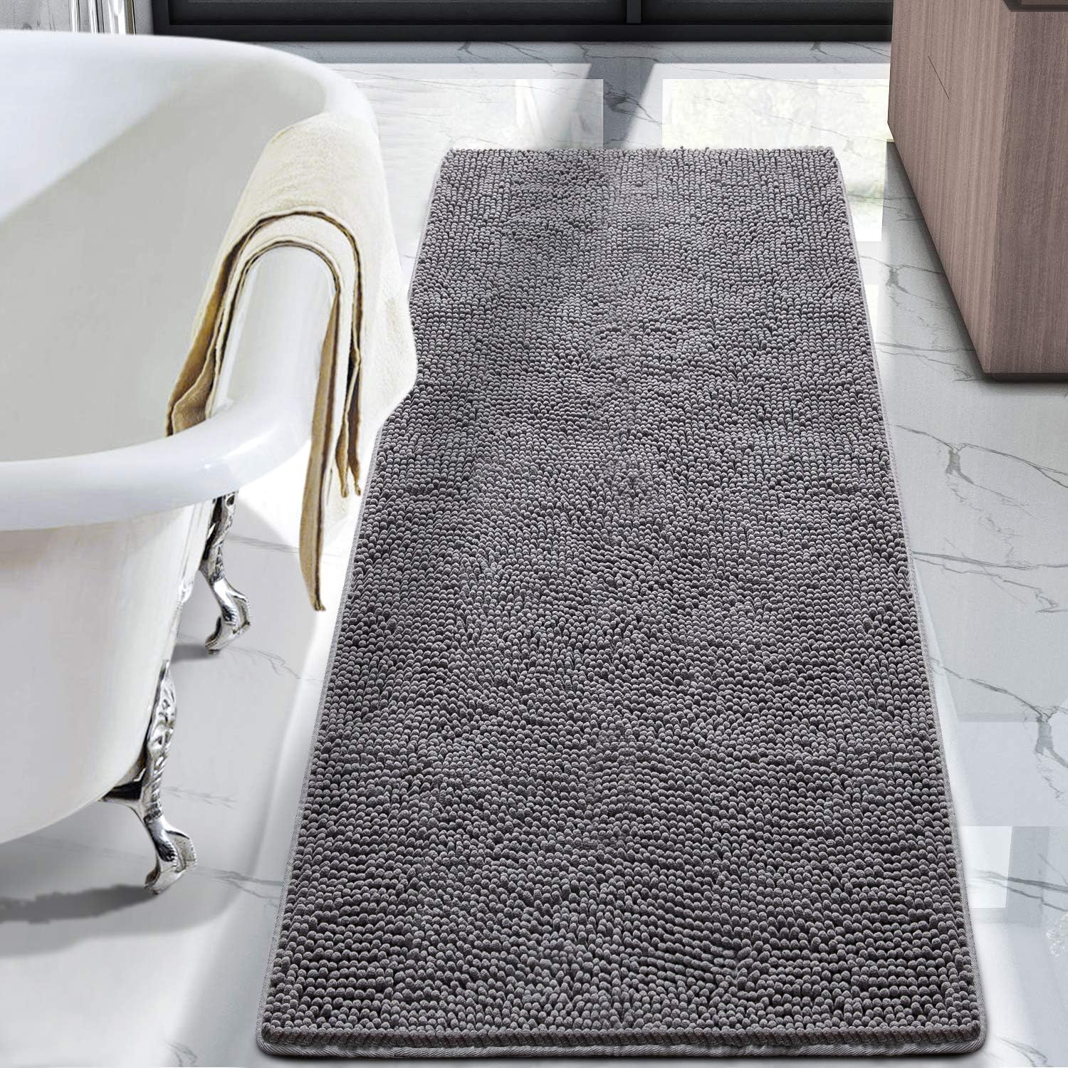 LOCHAS Luxury Bathroom Rug Shaggy Bath Mat 24 x 60 Inch, Washable Non Slip Bath Rugs for Bathroom Shower, Soft Plush Chenille Absorbent Carpets Mats, Gray