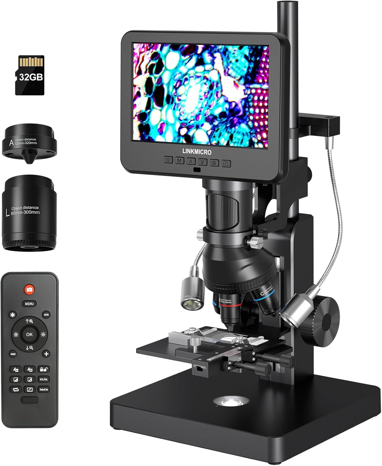 LM266S 5 Lens HDMI Digital Biological Microscope 5000X with Screen, Biological Microscope Kit Adults, Mechanical Stage, UHD 2160P Video, 7 inch Coin Microscope with Lights Full View, 32GB