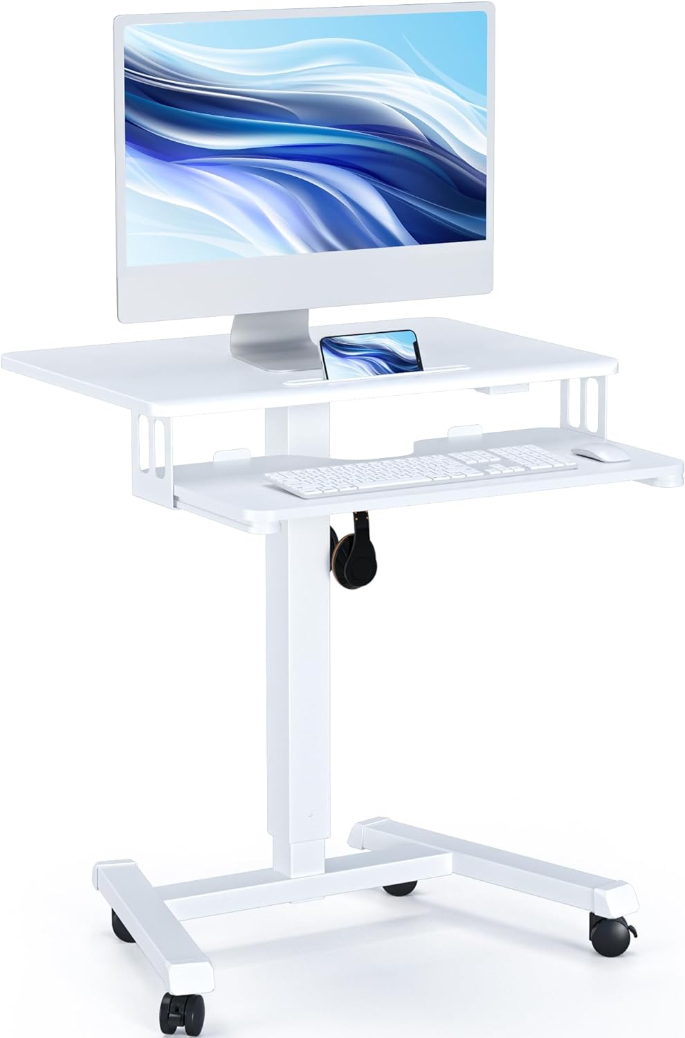 BONTEC Mobile Standing Desk with Keyboard Tray, Mobile Podium, Computer Workstation Up to 33Lbs, Laptop Sit or Stand Desk on Wheels, Height Adjustable Stand Up Table for Living Room, Bedroom, White