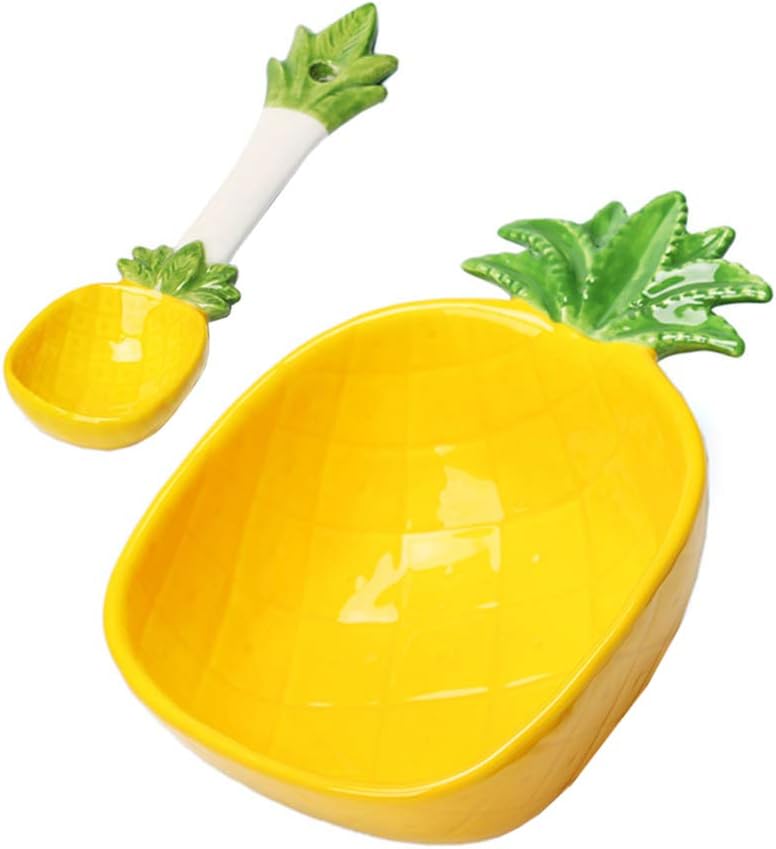 Cabilock Ceramic Appetizer Plate Pineapple Shape Bowl with Spoon Dessert Salad Pasta Bowls Food Serving Tray for Fruit Cheese Dessert Snack (300ml)