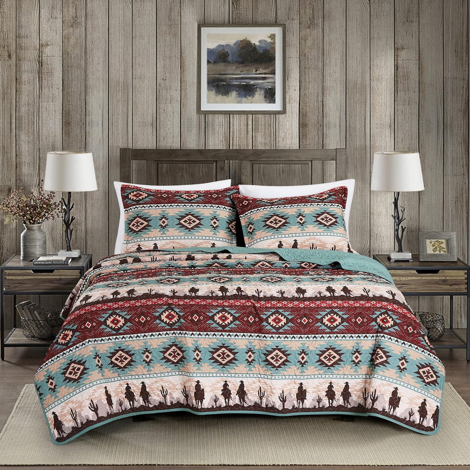 Chezmoi Collection Dune 3-Piece Southwestern Cowboys Aztec Quilt Set - Multicolor Teal Brown Beige Tan Red Printed Microfiber Bedspread Set, Queen (100" x 95")