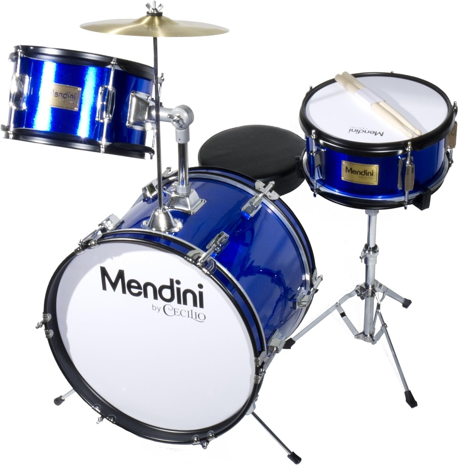 Mendini By Cecilio Drum Set  3-Piece Kids Drum Set (16), Includes Bass Drum, Tom, Snare, Drum Throne - Musical Instruments for Age 6-12, Metallic Blue Drum Kit