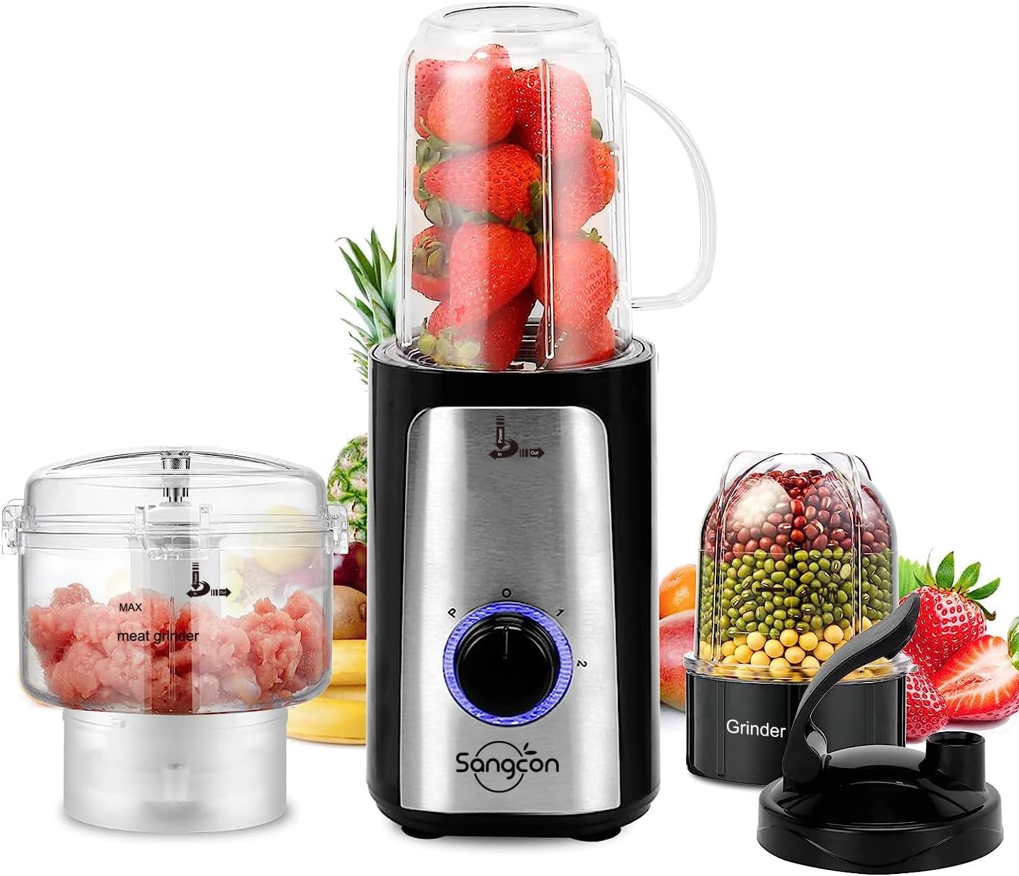 Sangcon Blender and Food Processor Combo for Kitchen for smoothies/ice, 3 in 1 Electric Food Chopper for Meat and Vegetable, 350W High Speed Blenders with 2 Speeds and Pulse for Smoothies and Shakes