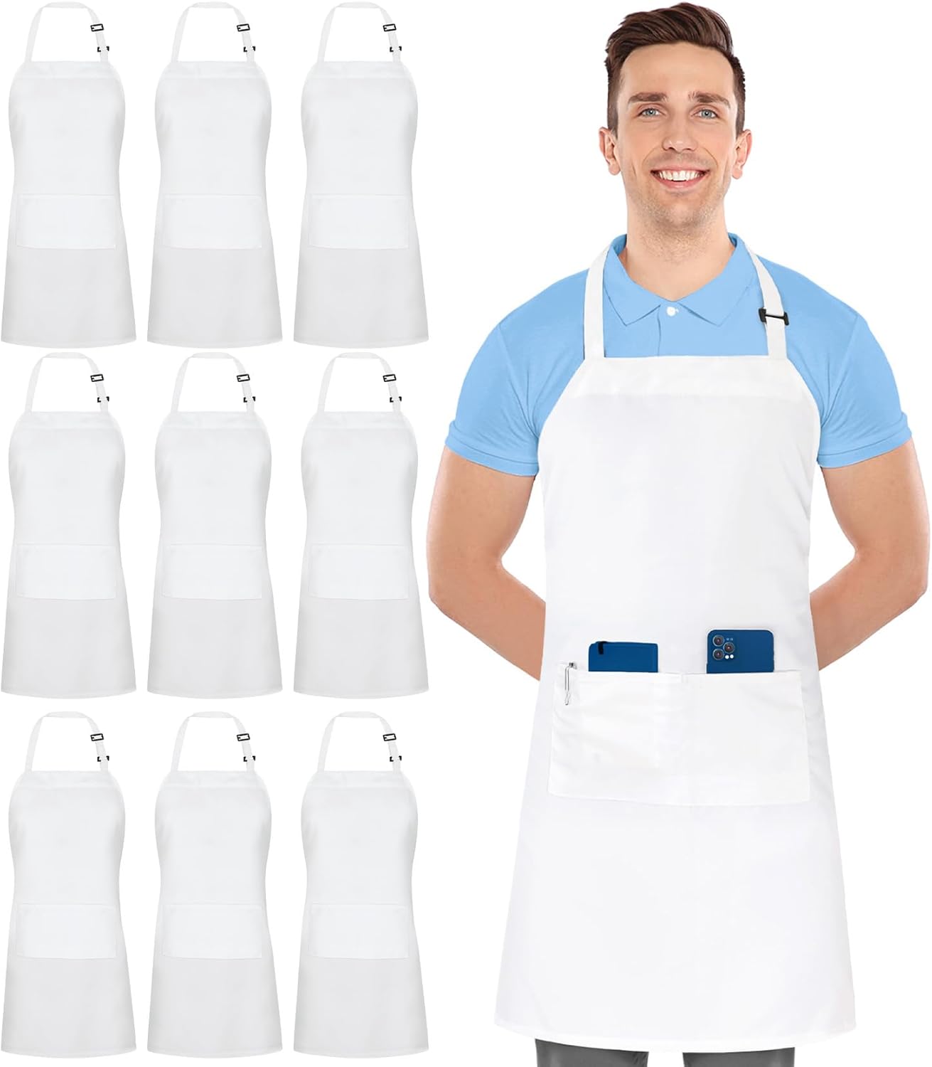 Utopia Kitchen 10 Pack Bib Apron Adjustable with 2 Pockets, Water and Oil Resistant, Cooking Kitchen Chef Apron for Women Men