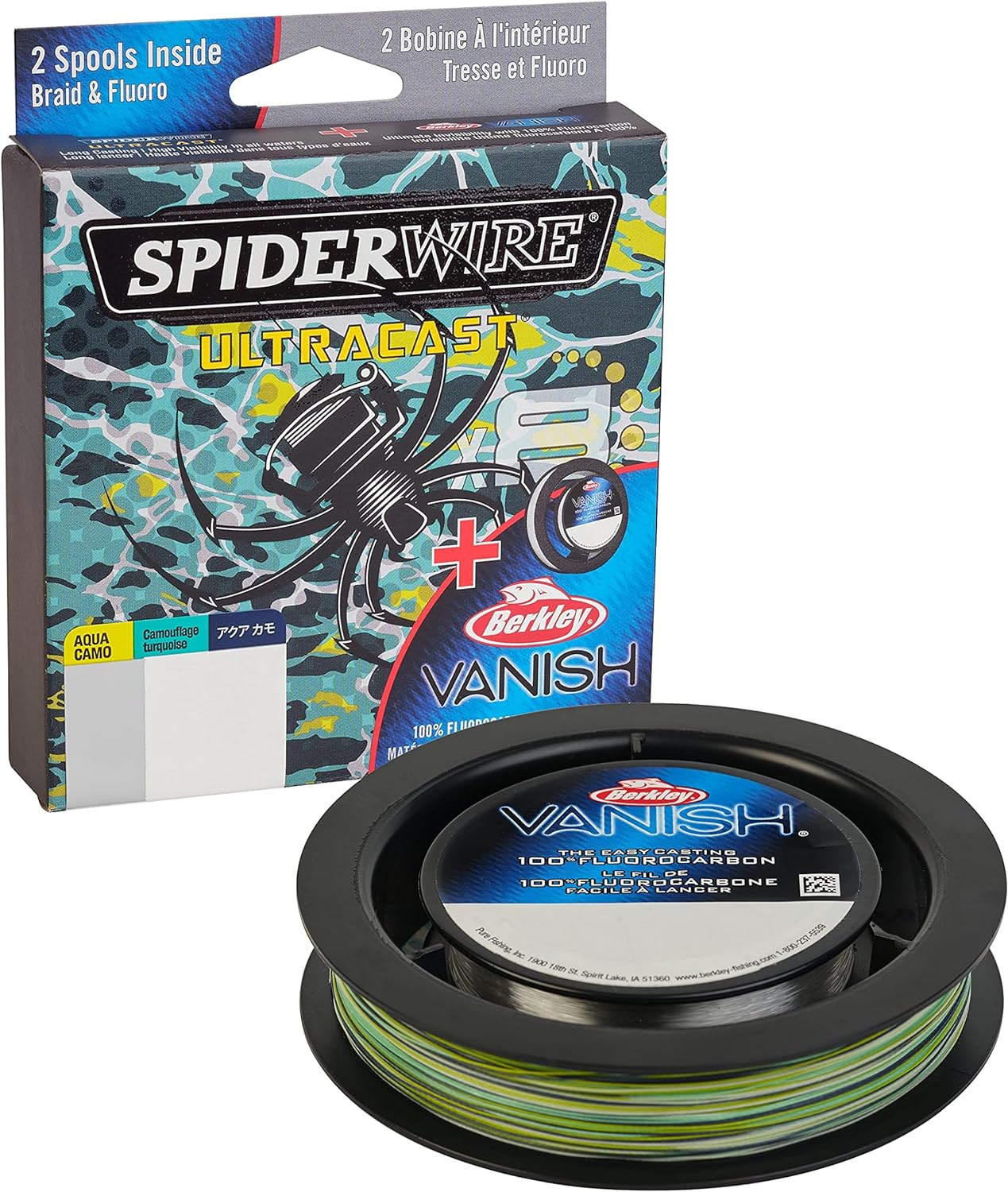 SpiderWire Ultracast Braid Vanish Fluorocarbon Dual Spool, 20lb Aqua Camo Braid with 40lb Clear Fluoro Leader