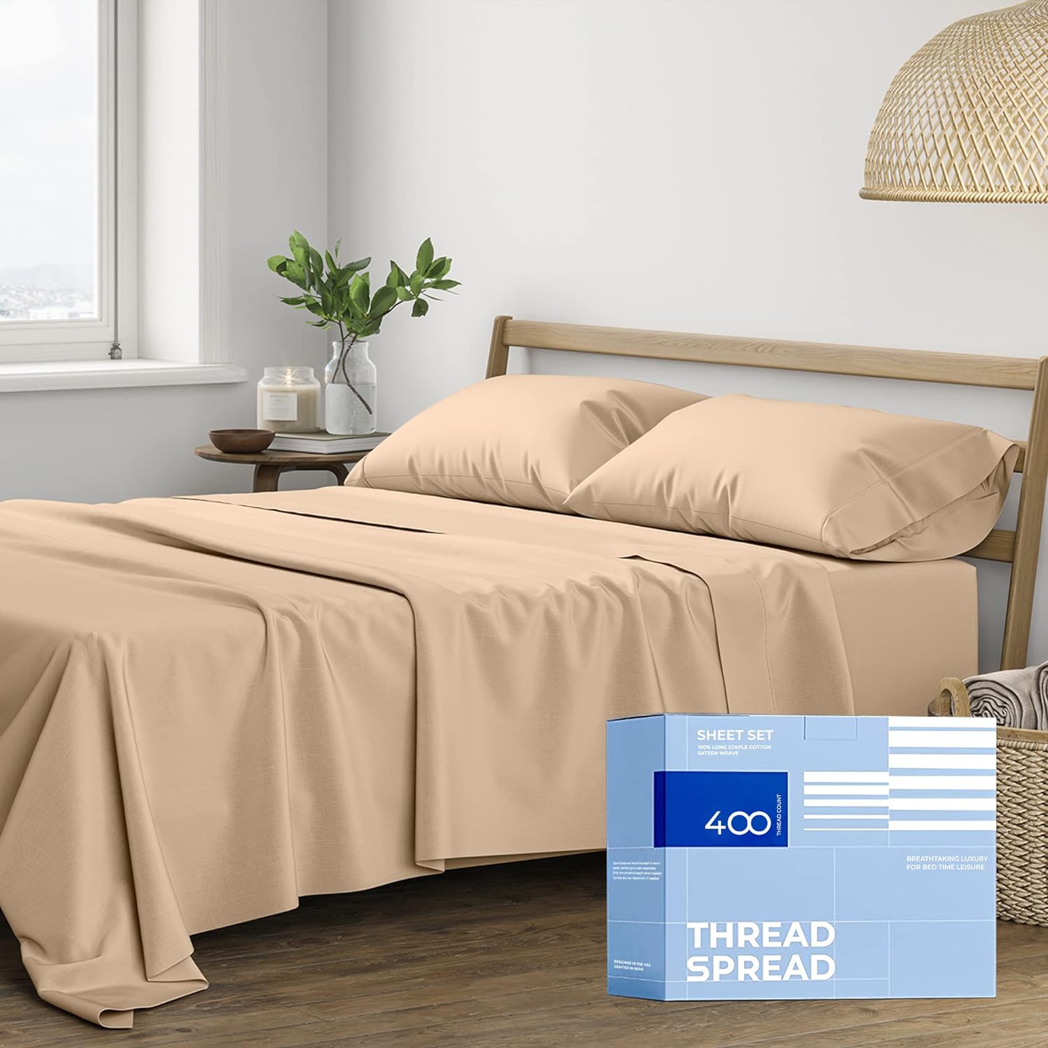 THREAD SPREAD 100% Cotton Sheets for Queen Size Bed - 400 Thread Count 4 Piece Cotton Sheet Set - Soft, Breathable Ultra Cooling Sheets - Deep Pocket Queen Bed Sheets - Sateen Weave Bedsheet (Taupe)
