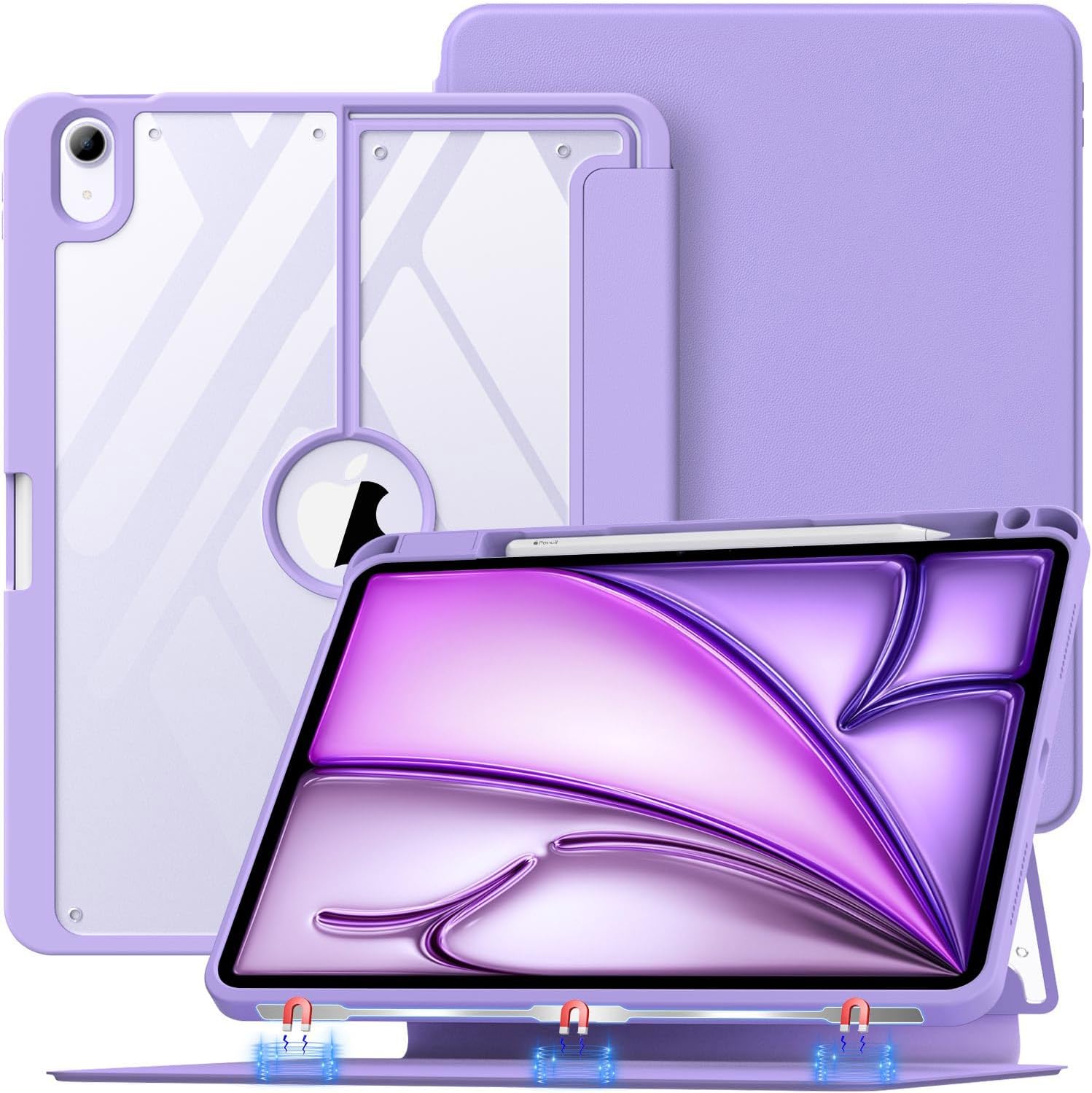 MoKo for iPad Air 6th Generation 11 Inch M2 Case 2024, iPad Air 5th/4th Gen Case 2022/2020 with Pencil Holder, [Magnetic Multi Angle Stand, Clear Back Cover], iPad Air 11 Case, Purple