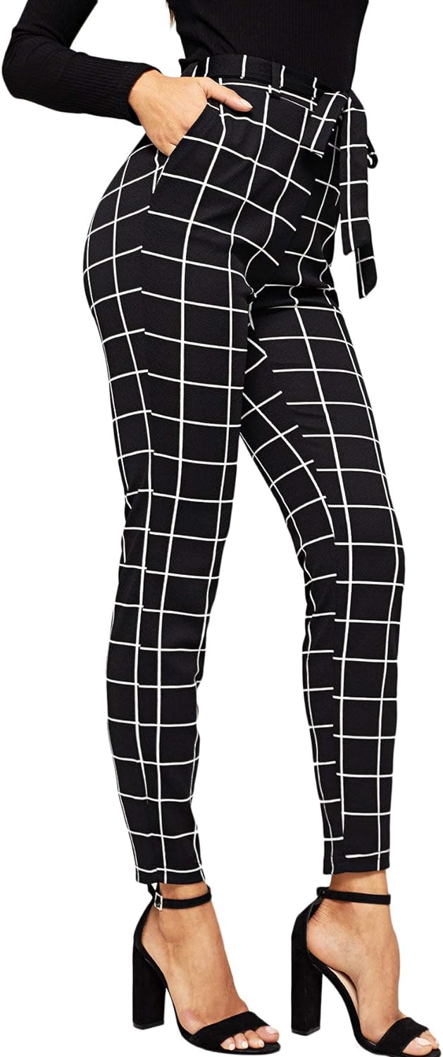 WDIRARA Women' Stretchy Plaid Print Pants Soft Skinny Regular Fashion Leggings