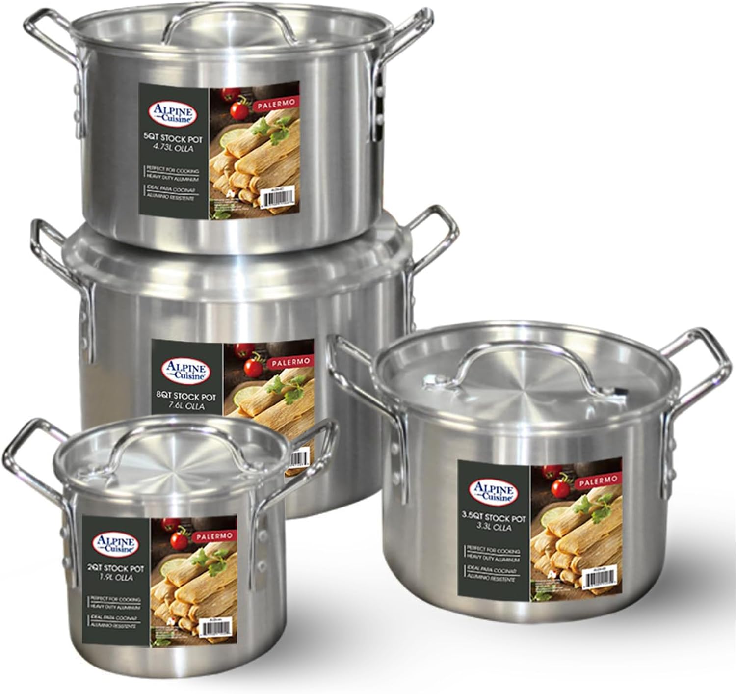 Alpine Cuisine Aluminum Stock Pot 4 Piece Set of 2, 3.5, 5, and 8 Quarts with Lids and Heat-Resistant Handles| Heavy-Duty Dishwasher Safe Use as Cooking Pot, Stew Pot, Simmer Pot, Soup Pot