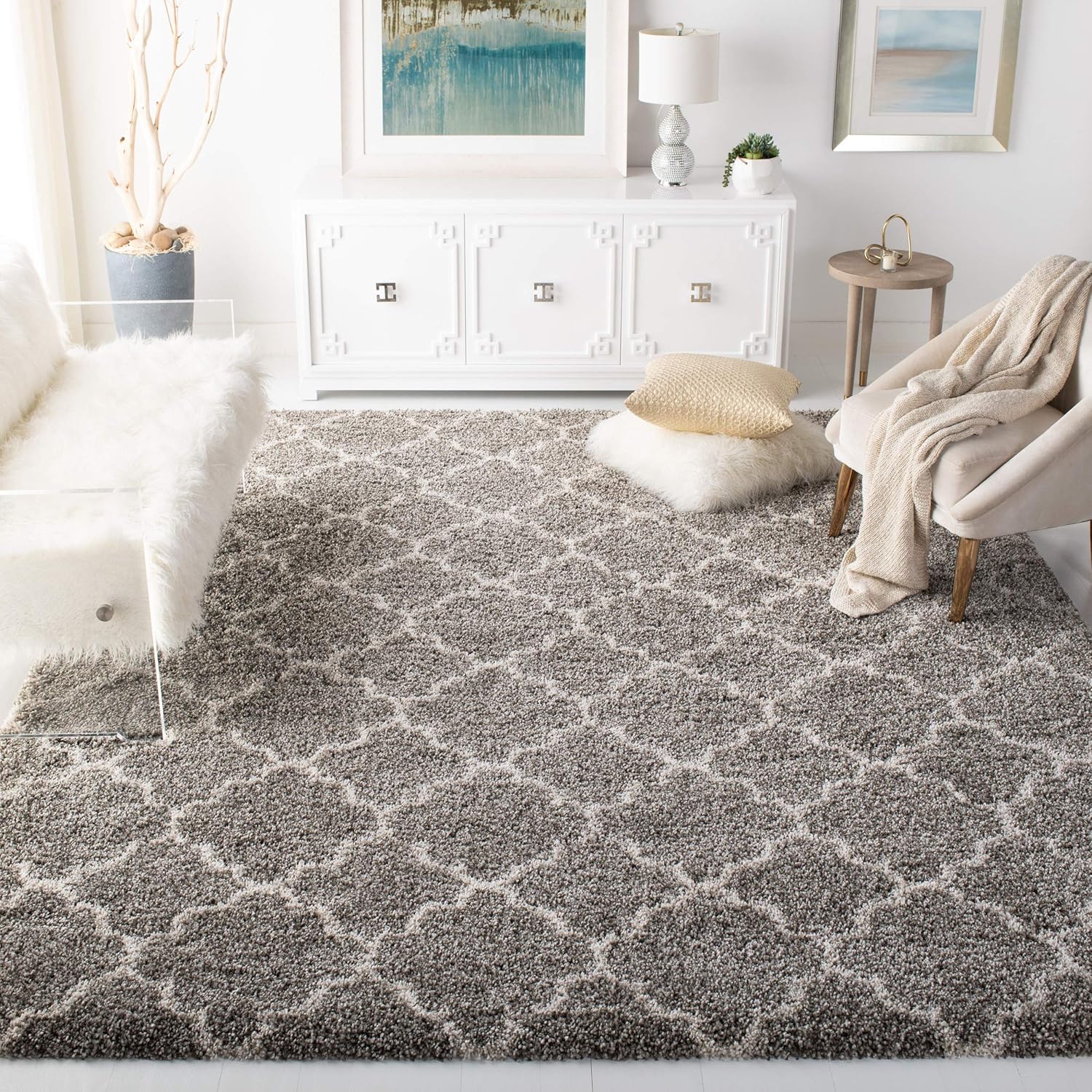 SAFAVIEH Hudson Shag Collection Area Rug - 6' x 9', Grey & Ivory, Moroccan Trellis Design, Non-Shedding & Easy Care, 2-inch Thick Ideal for High Traffic Areas in Living Room, Bedroom (SGH282B)