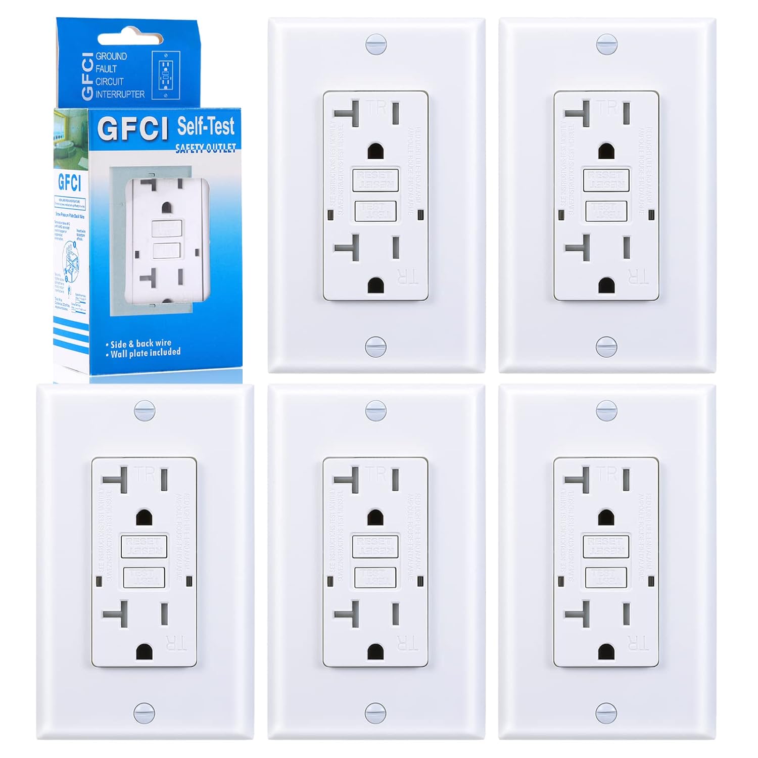 20 Amp GFCI Outlet, Tamper-Resistant GFI Receptacle with LED Indicator, Self-Test Ground Fault Circuit Interrupter, Decorator Wall Plates and Screws Included, UL Listed, White (5 Pack)