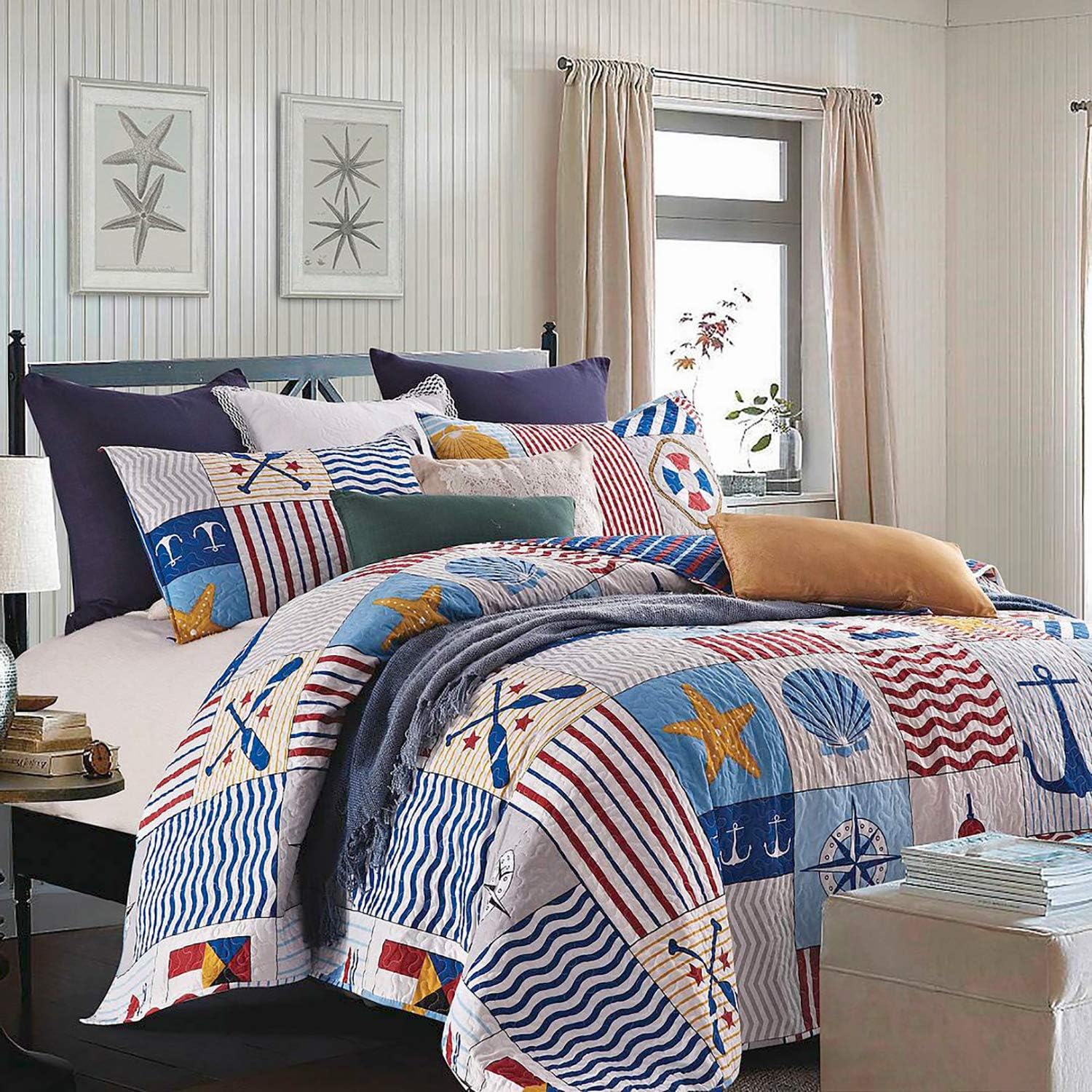 Virah Bella Quilt Bedding Set in King Anchors Away Printed Lightweight Reversible Quilt with 2 Matching Pillow Shams - Cozy & Beautiful Coastal-Themed Bedding