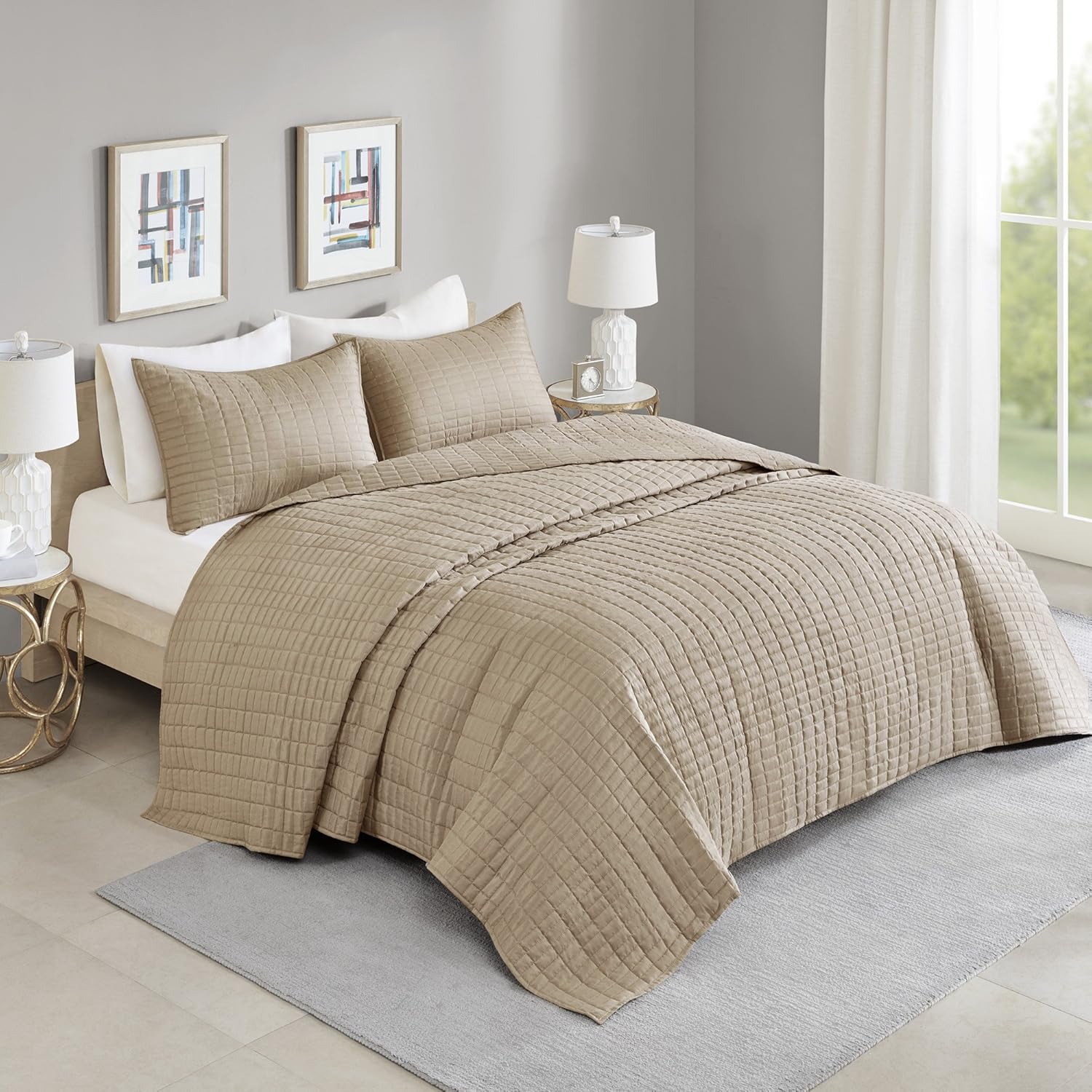 Comfort Spaces - CS13-0933 Kienna Quilt Coverlet Bedspread Ultra Soft Hypoallergenic All Season Lightweight Filling Stitched Bedding Set, Oversized Queen(102x118), Taupe 3 Piece