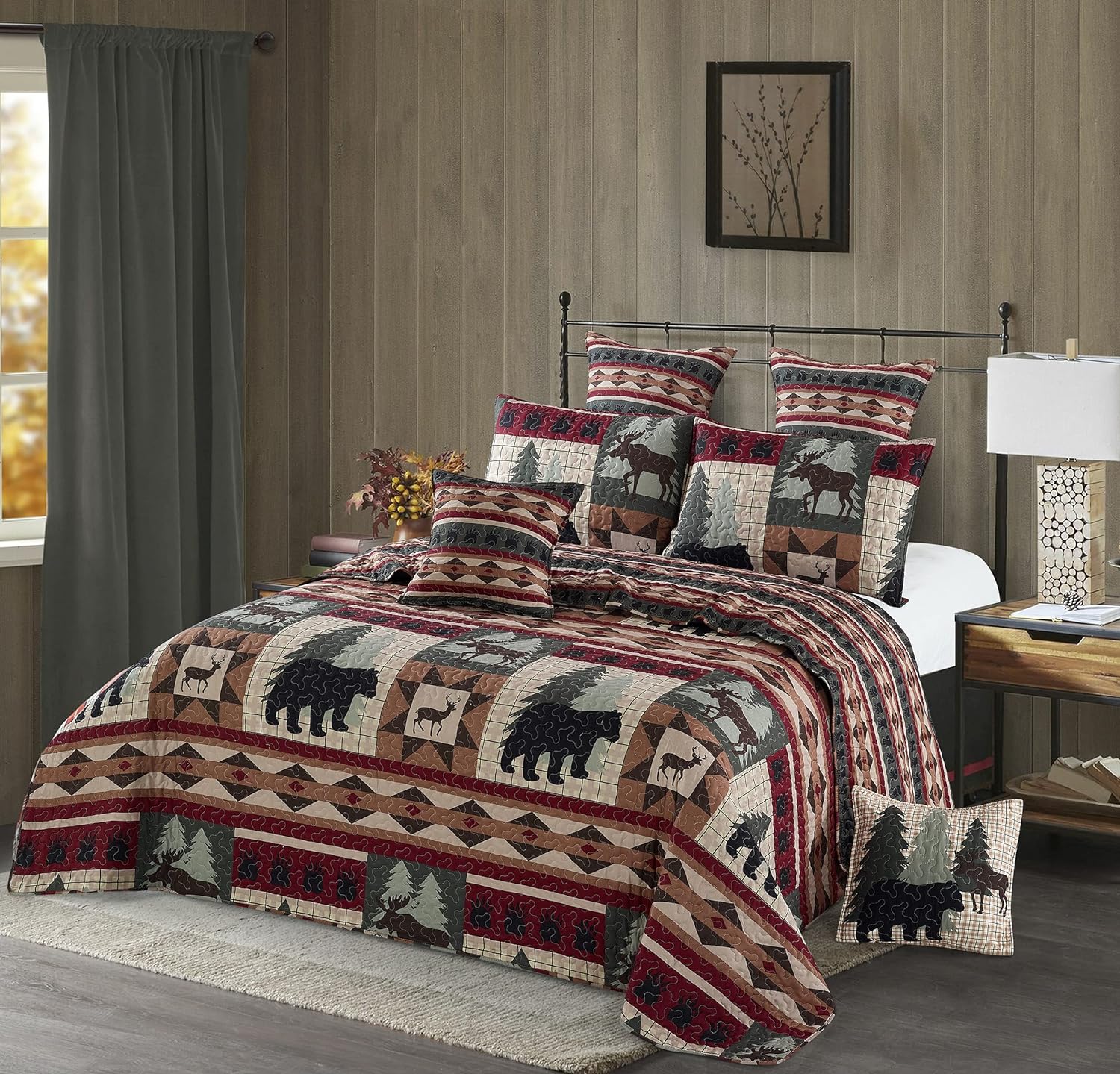 Virah Bella 3 Piece King Lodge Quilt Bedding Set - Wildlife Patch - Rustic Cabin Country Reversible Camping Comforter Set with Decorative Pillow Shams, Brown/Red