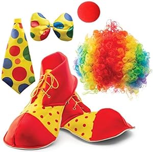 PREXTEX Clown Costume Set - Includes Props, Clown Wig, Nose, Shoes, Bow, Tie - for Halloween, Carnival Theme, Joker, Circus Costume, Fancy Outfit, Cosplay, Birthday, Dress-Up Party