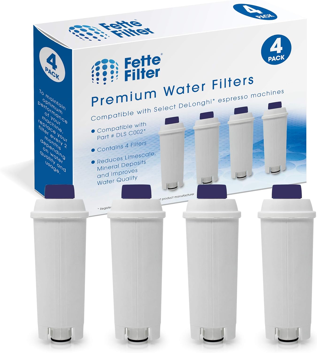 Fette Filter - Coffee Machine Filter for Delonghi Filter DLSC002 with Activated Carbon Softener, Water Filter Compatible with De'Longhi ECAM, Esam, ETAM, BCO, EC. (Pack of 4)