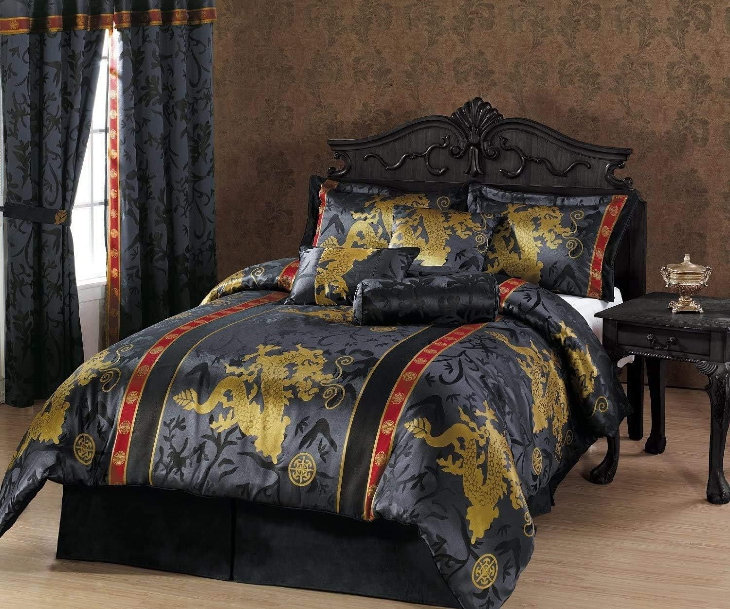 Chezmoi Collection 7-Piece Black Gold Red Palace Dragon Jacquard Comforter Set, Queen Size