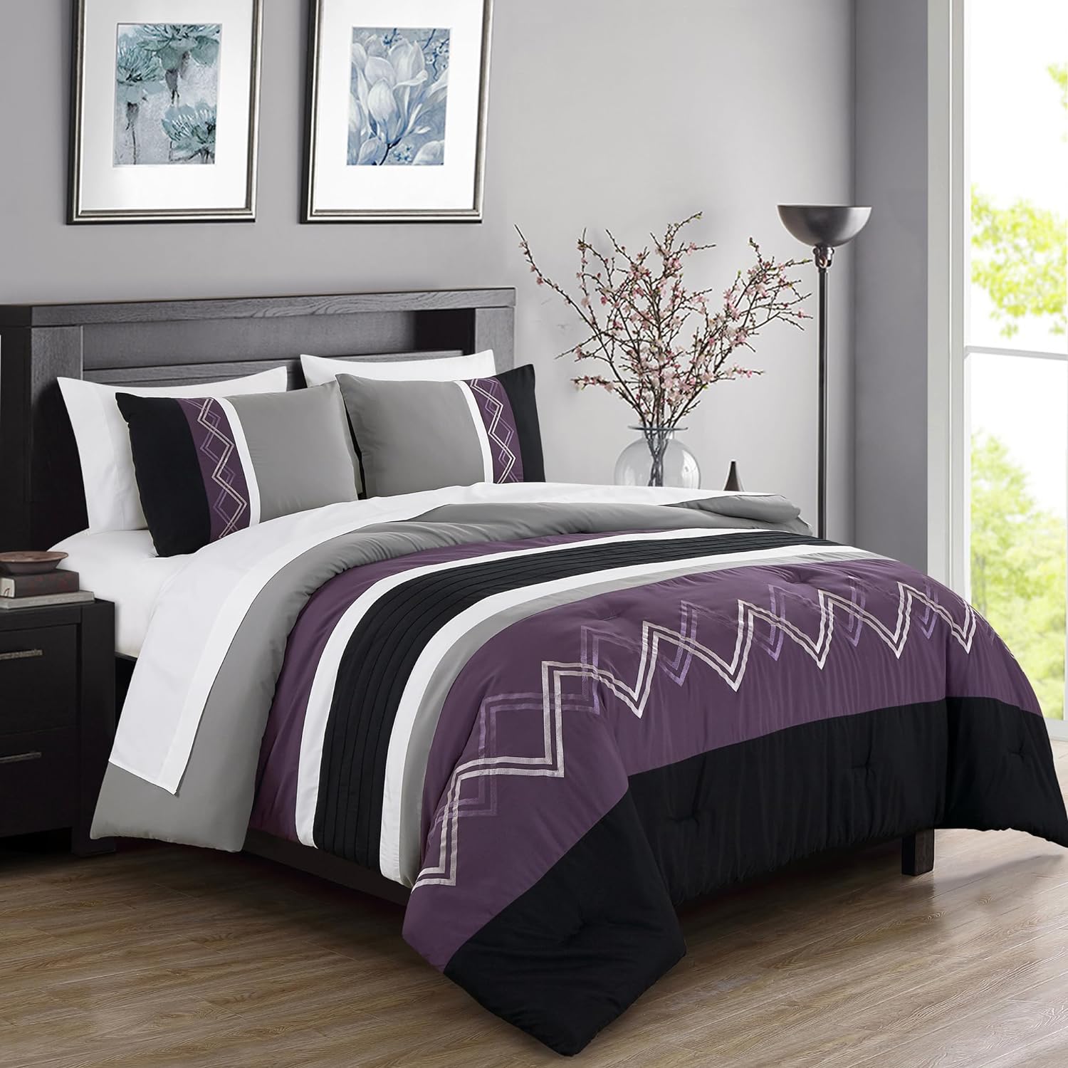 Chezmoi Collection Jaxson Bed in a Bag California King Size 7-Piece Comforter Set with Sheets Modern Pleated Stripe Embroidered Purple/Black/Gray/White Zigzag Lightweight All Season Bedding