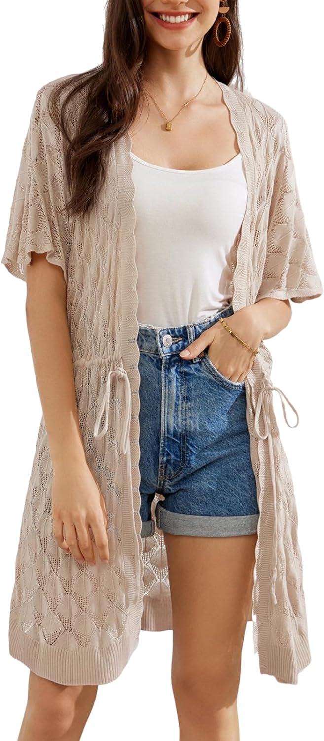 GRACE KARIN Womens Short Sleeve Open Front Crochet Knit Cardigan Lightweight Summer Kimono Boho Cardigans with Side Slit