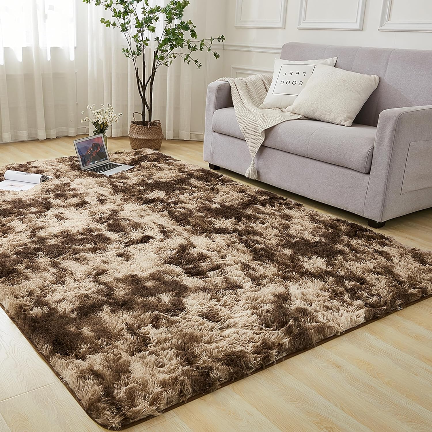 Andency 5x8 Shag Area Rug for Living Room, Tie-Dyed Brown Soft Fuzzy Plush Indoor Carpets for Bedroom, Non Skid Fluffy Faux Fur Rug for Nursery Kids Boys Girls Room