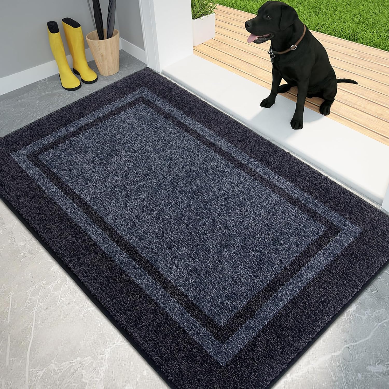 PURRUGS Dirt Trapper Door Mat 34" x 60", Non-Slip/Skid Machine Washable Entryway Rug, Shoes Scraper, Area Rug, Super Absorbent Welcome Mat for Muddy Wet Shoes and Paws, Bluish Grey & Charcoal