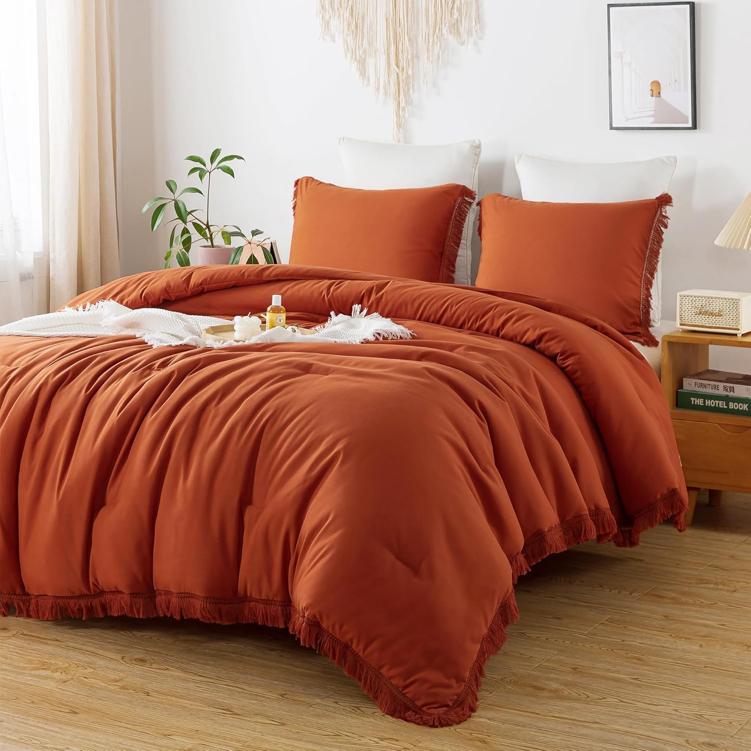 Andency Queen Comforter Set Burnt Orange, 3 Pieces Boho Terracotta Fall Tassel Lightweight Bedding Comforter Sets, All Season Rust Soft Bed Set (90x90In Comforter & 2 Pillowcases)