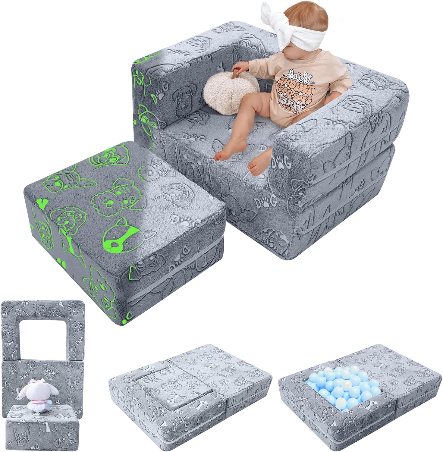 MeMoreCool Toddler Chair Dogs Glow in Dark Kids Couch, Fold Out Modular Chair for Boy Girl, Grey Baby Sofa for Bedroom Lounge