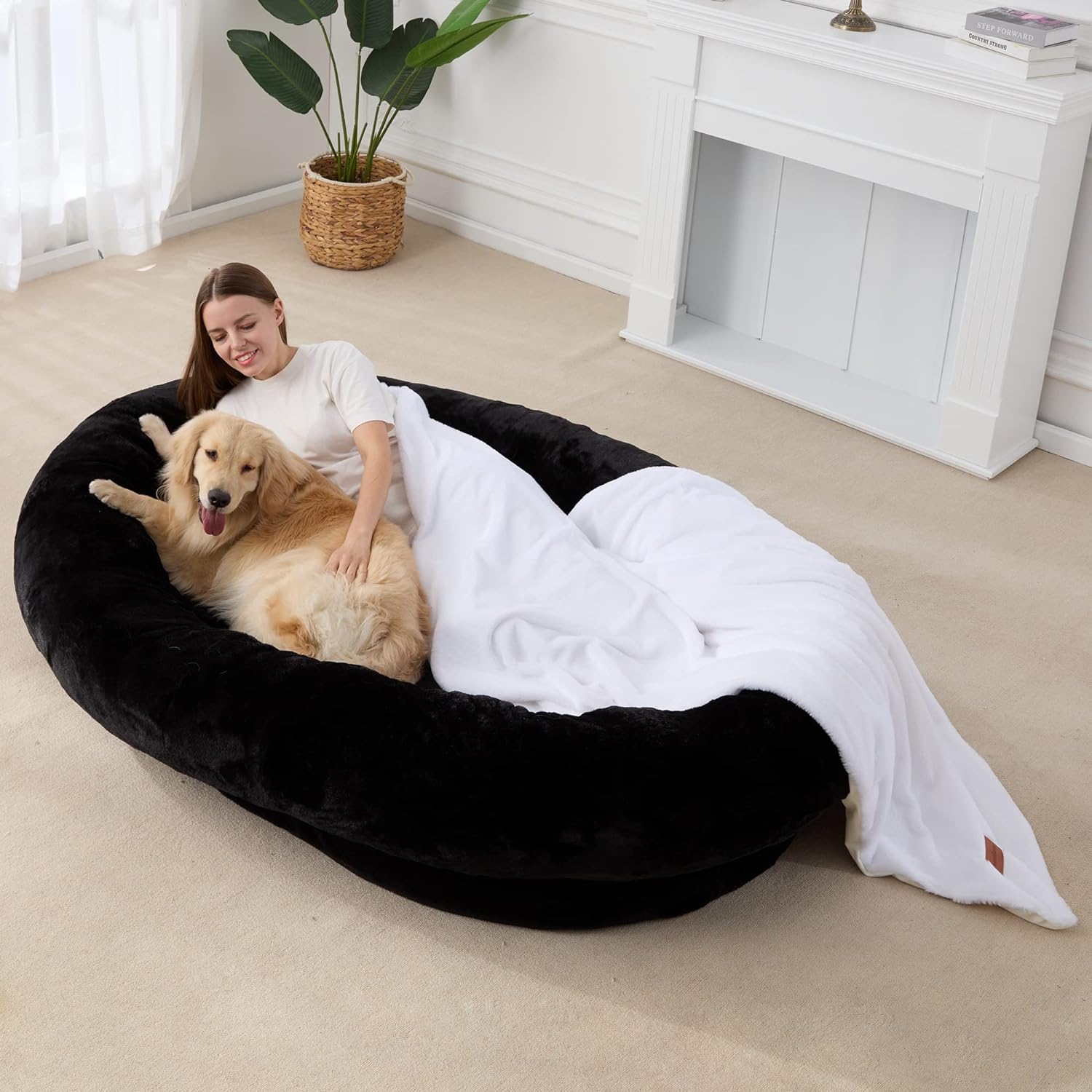Homguava Large Human Dog Bed 72"x48"x10" Human-Sized Big Dog Bed for Adults&Pets Giant Beanbag Bed with Washable Fur Cover,Blanket and Strap (Large, Black)