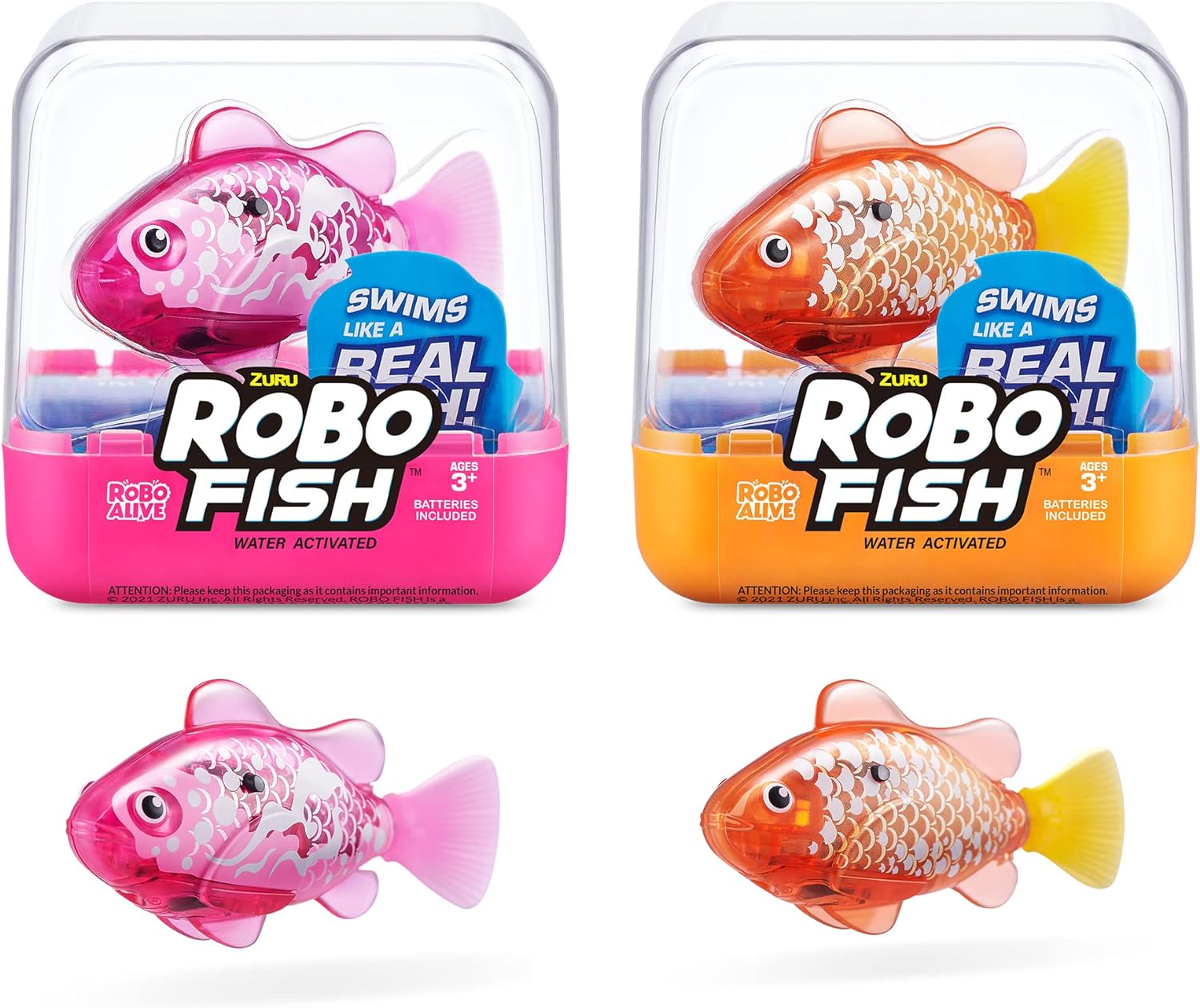 Robo Alive Robo Fish Robotic Swimming Fish (Pink   Golden) by ZURU Water Activated, Changes Color, Comes with Batteries, Amazon Exclusive (2 Pack) Series 3