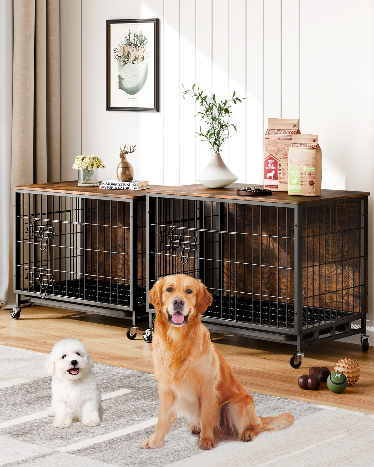 Dog Crate Furniture, 2024 Deluxe Wooden Dog Kennel with Removable Tray and Wheels, Heavy-Duty Double-Doors 27.2" Dog Cage End Table, Indoor Dog House for Large Dogs (Brown & Black, Small)