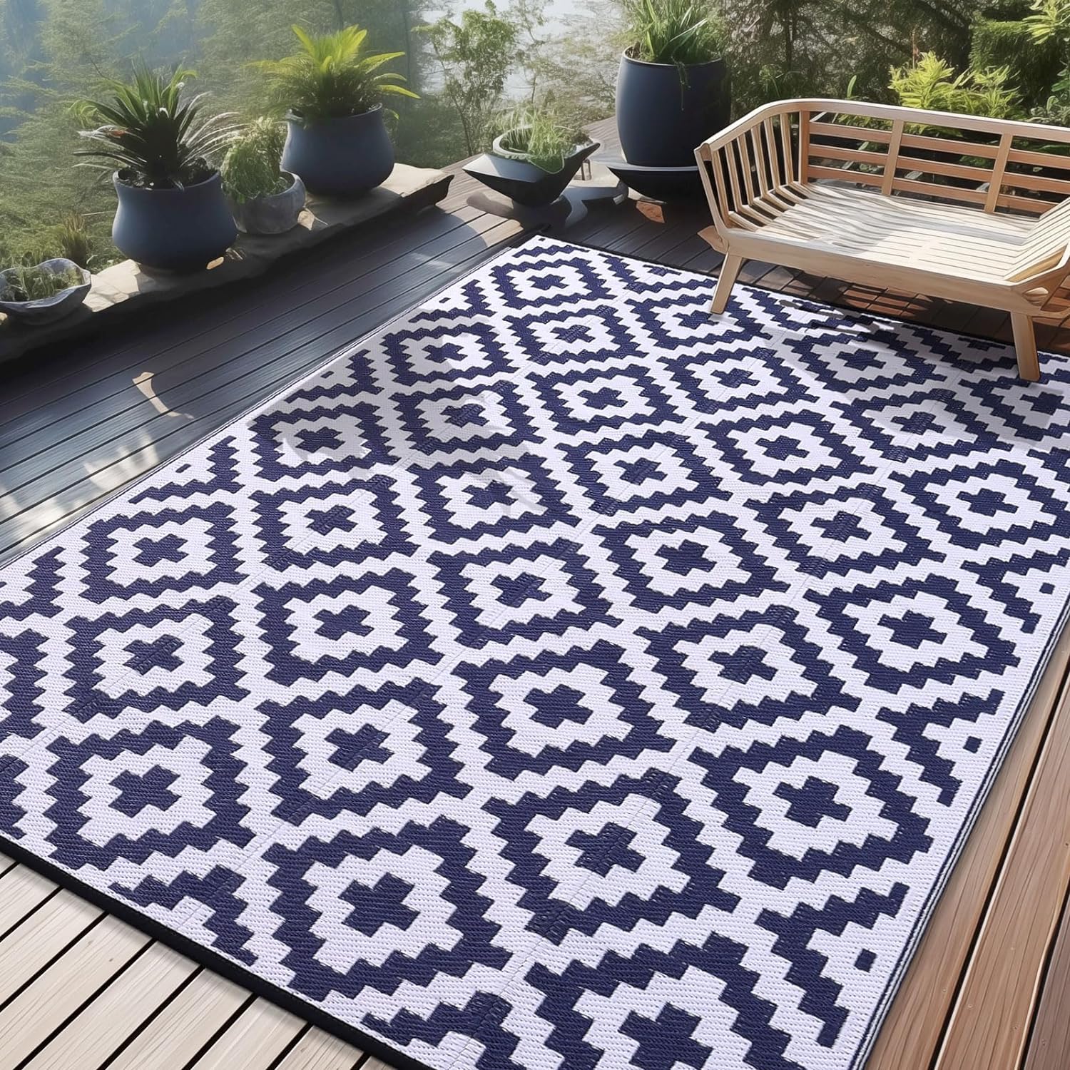 OLANLY Waterproof Outdoor Rug 8x10 ft, Reversible Plastic Straw Patio Rug for Camping, RV Mat Outside, Indoor Outdoor Carpet for Porch, Deck, Backyard, Camper, Balcony, Picnic, Navy & White