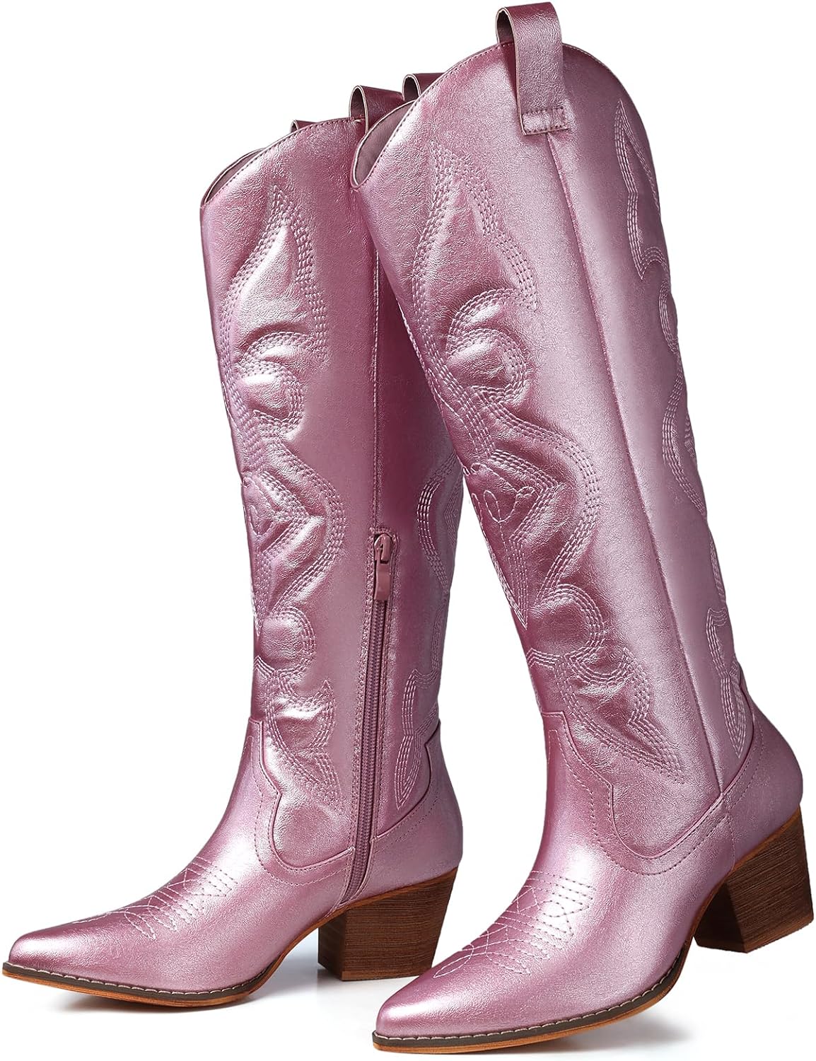 SHIBEVER Knee High Boots for Women: Cowboy Cowgirl Low Heel Metallic Western Glitter Pointed Toe Leather Boot