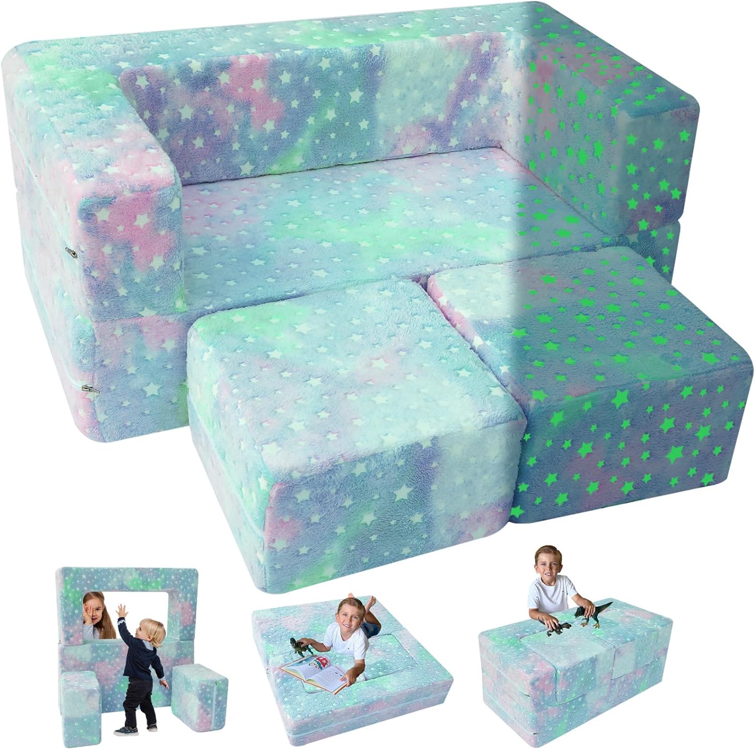 MeMoreCool Kids Couch Toddler Couch, Stars Glow in The Dark Kids Couch Fold Out, Baby Couch Kids Bedroom Furniture, Kids Sofa Play Couch for Playroom, Modular Kid Furniture for Bedroom, Baby Sofa