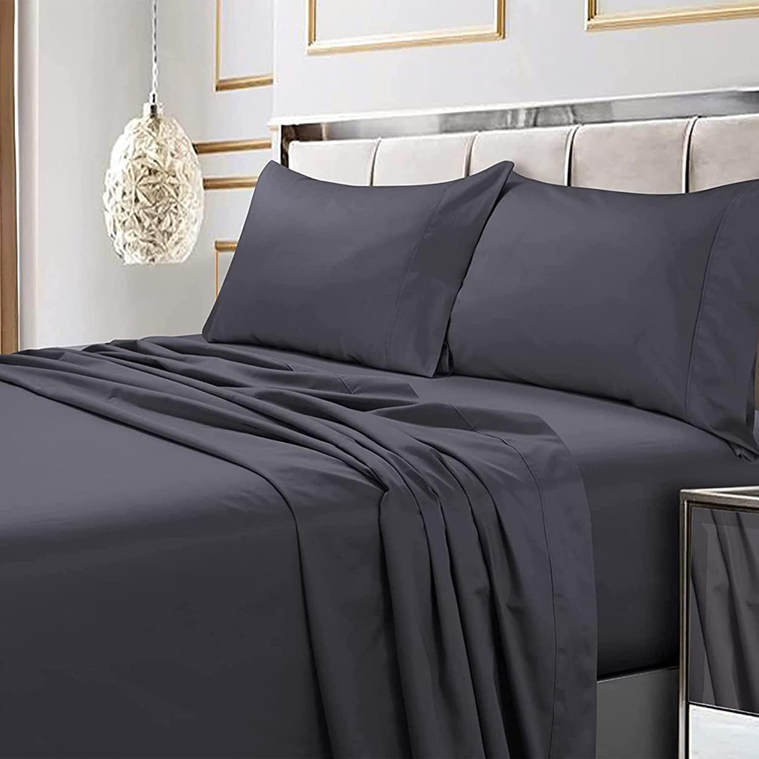 Tribeca Living Bed Soft Egyptian Cotton Sateen Solid Sheets and Pillowcase Set, Deep Pocket, 600 Thread Count, Queen, Steel Grey