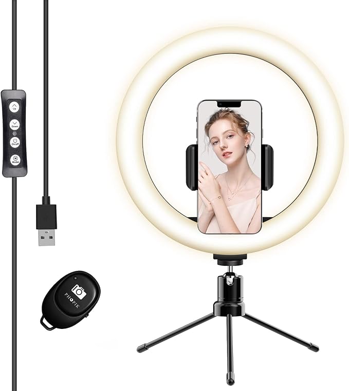 10 Selfie Ring Light with Tripod Stand & Phone Holder: PHOPIK Dimmable Desk LED Makeup Ring Light for Live Streaming/Zoom Meetings/YouTube Video/Volg, Compatible with iPhone & Android