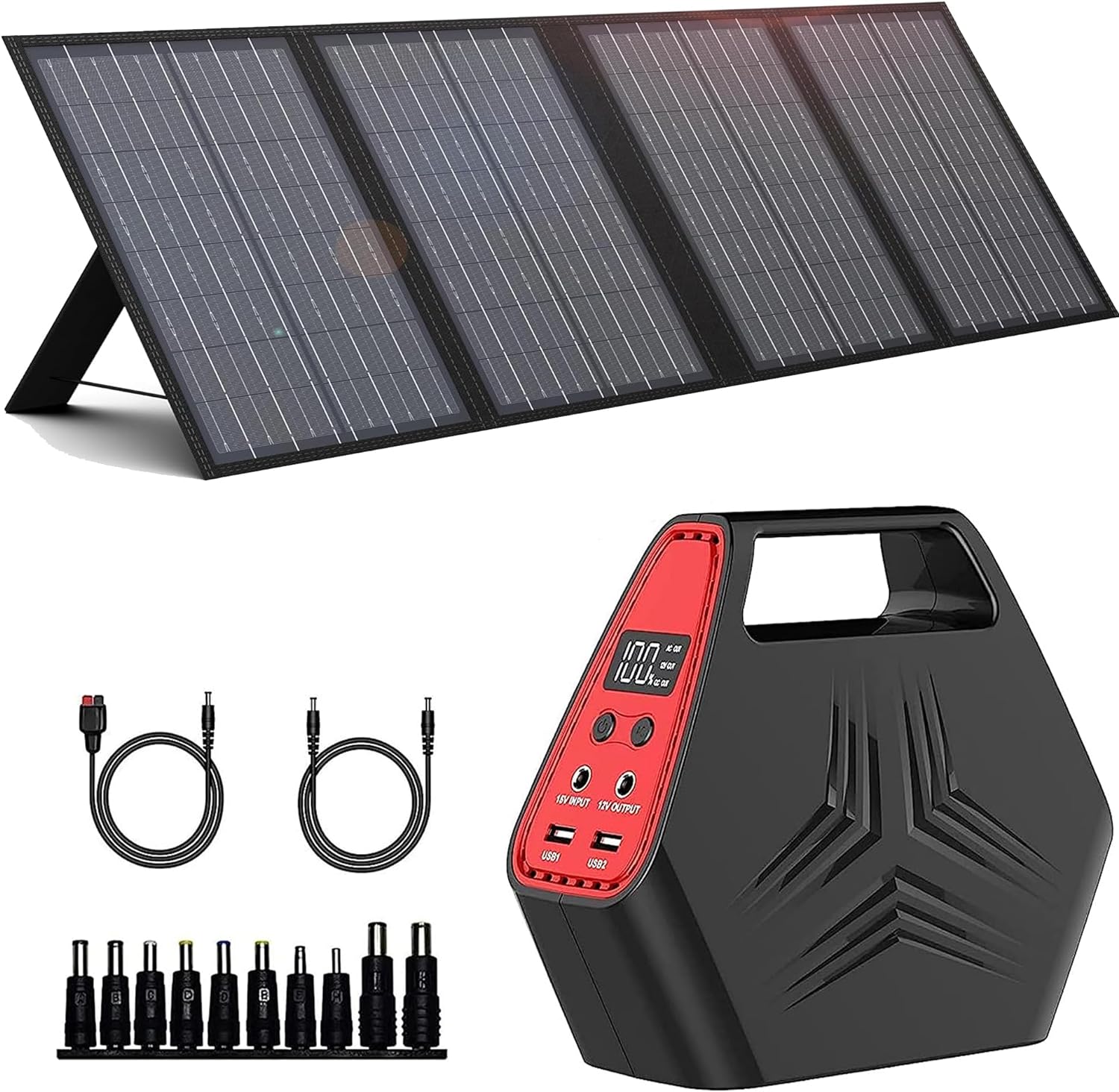 100W Portable Solar Generator, 60W Foldable Solar Charger with USB & 18V DC output, A Super Travel Portable Battery Pack/Power Station for Home Outdoors Office Use